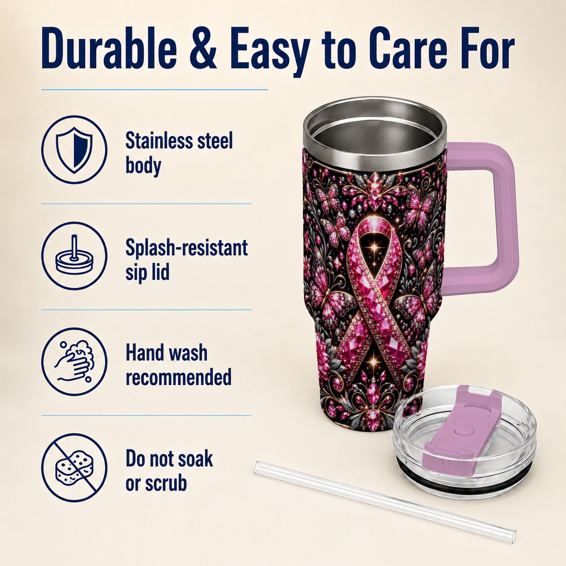#pl[40oz|Pink] Pink Ribbon 40oz Tumbler with Handle, Butterfly Stainless Steel Travel Cup
