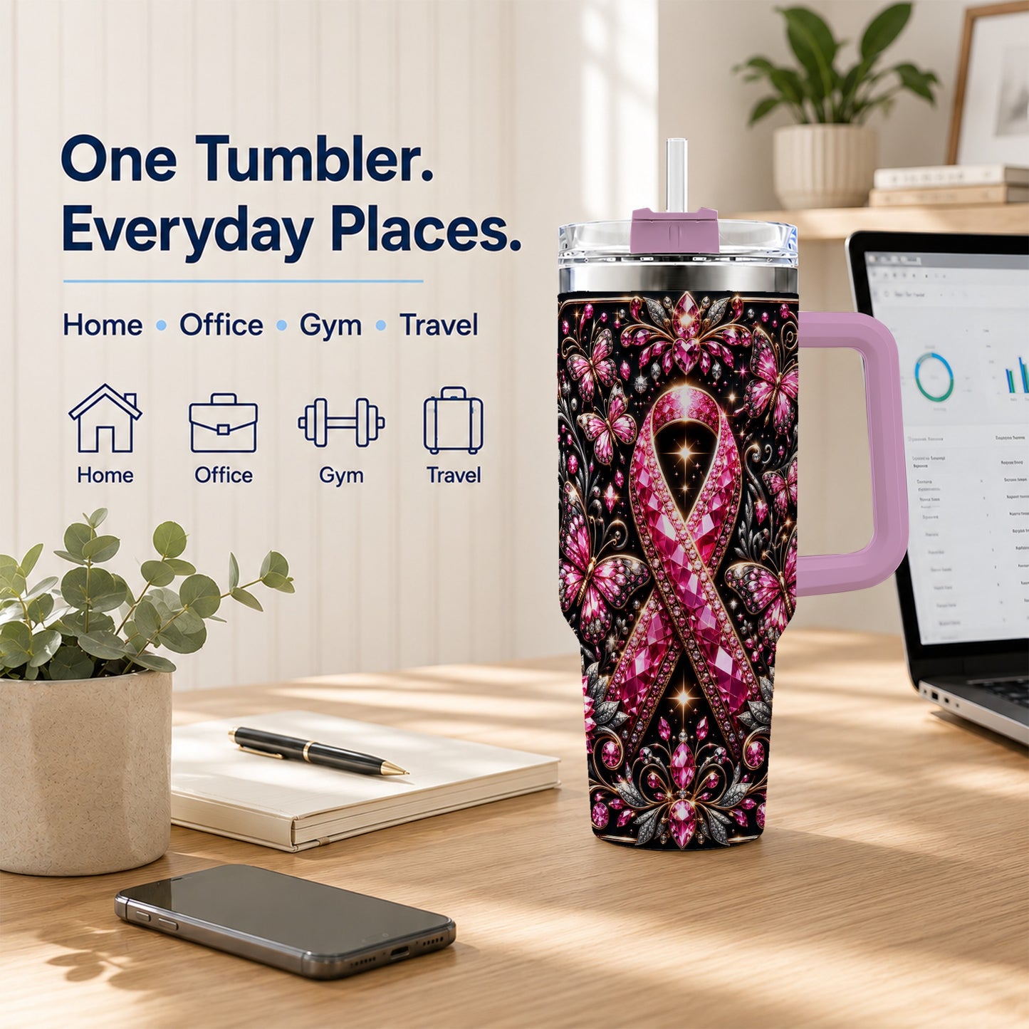 #pl[40oz|Pink] Pink Ribbon 40oz Tumbler with Handle, Butterfly Stainless Steel Travel Cup
