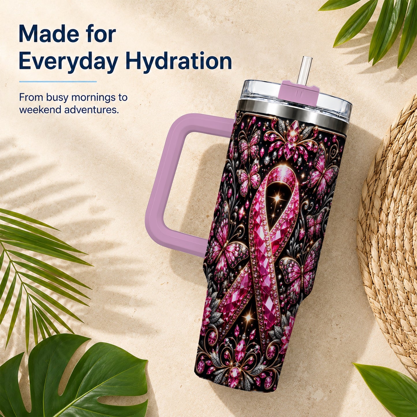 #pl[40oz|Pink] Pink Ribbon 40oz Tumbler with Handle, Butterfly Stainless Steel Travel Cup