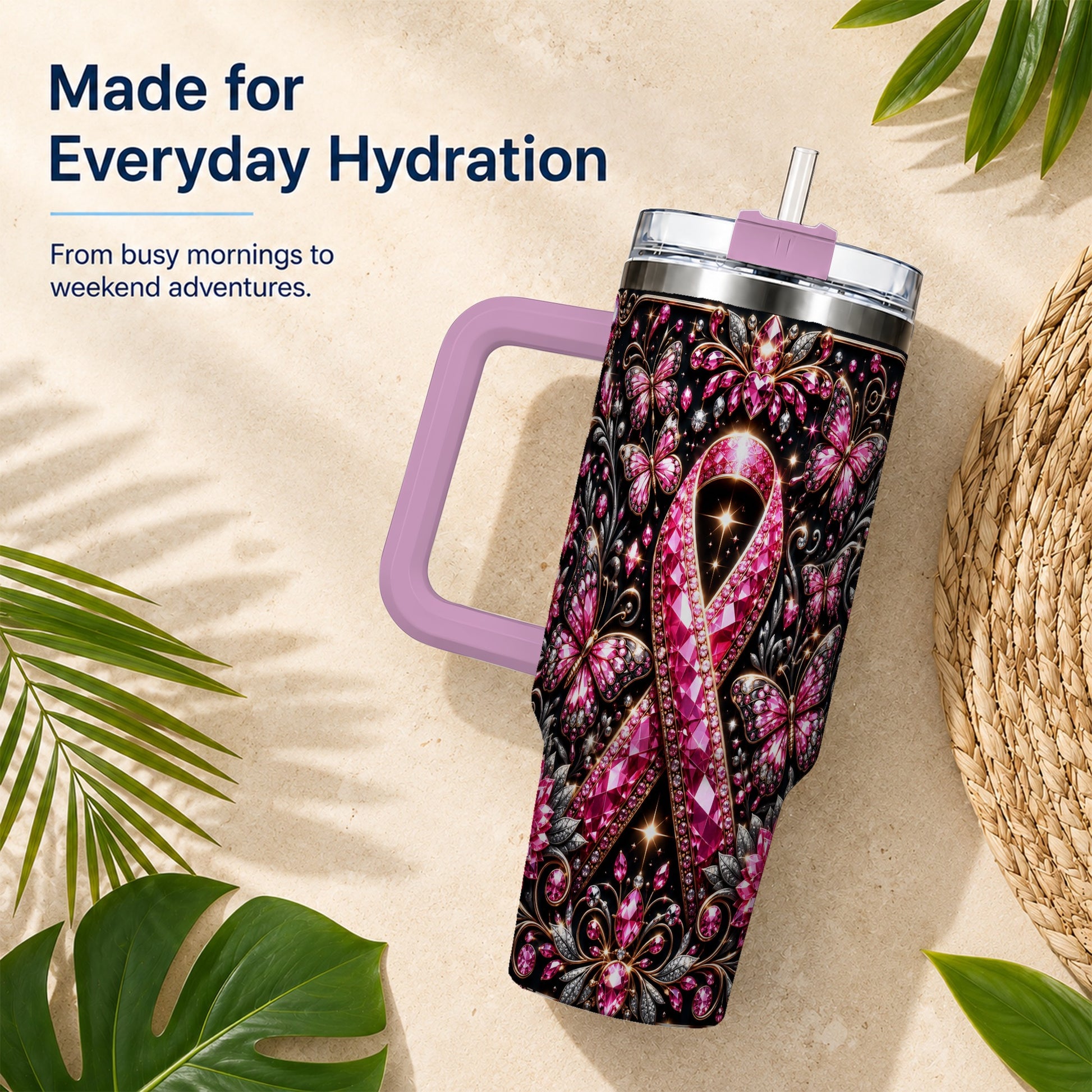 #pl[40oz|Pink] Pink Ribbon 40oz Tumbler with Handle, Butterfly Stainless Steel Travel Cup