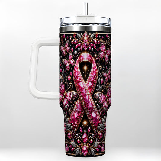 #pl[40oz|White] Pink Ribbon 40oz Tumbler with Handle, Butterfly Stainless Steel Travel Cup