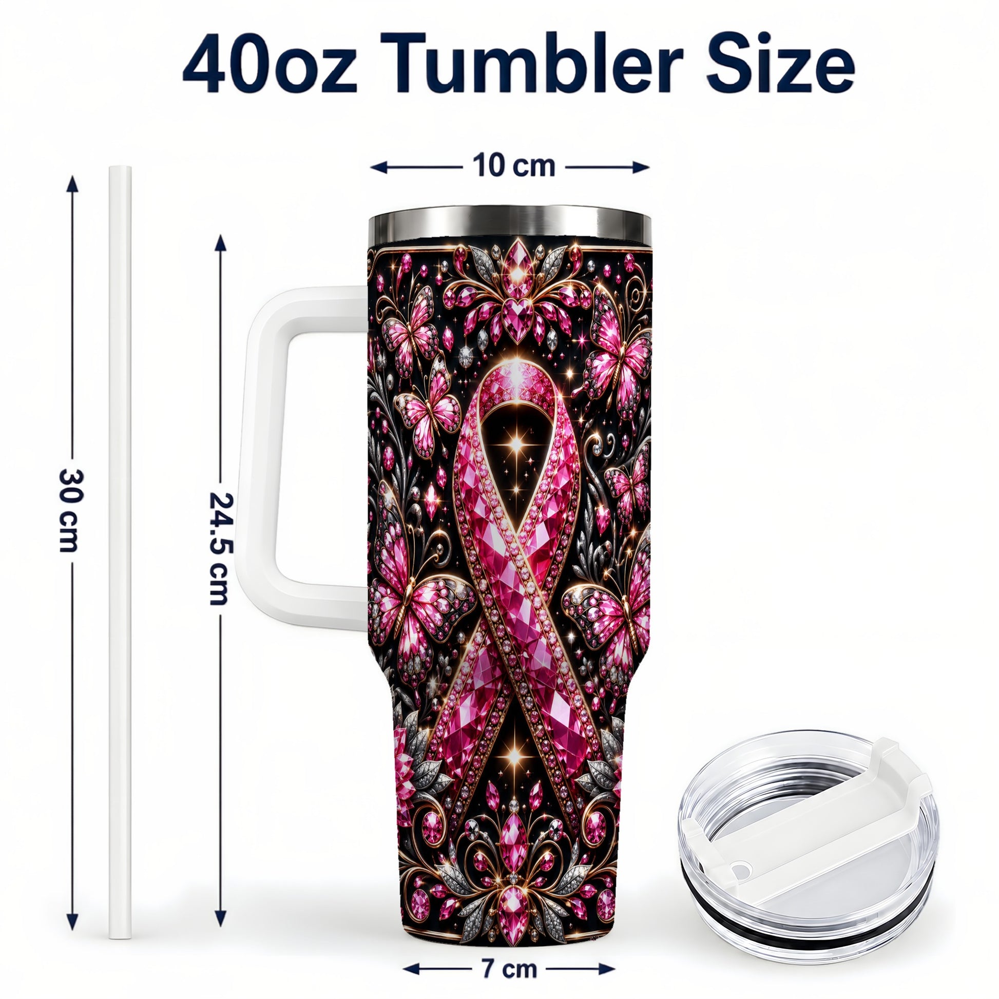 #pl[40oz|White] Pink Ribbon 40oz Tumbler with Handle, Butterfly Stainless Steel Travel Cup