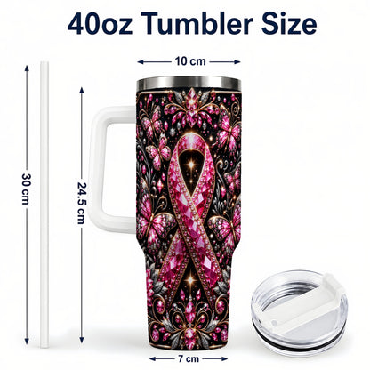 #pl[40oz|White] Pink Ribbon 40oz Tumbler with Handle, Butterfly Stainless Steel Travel Cup