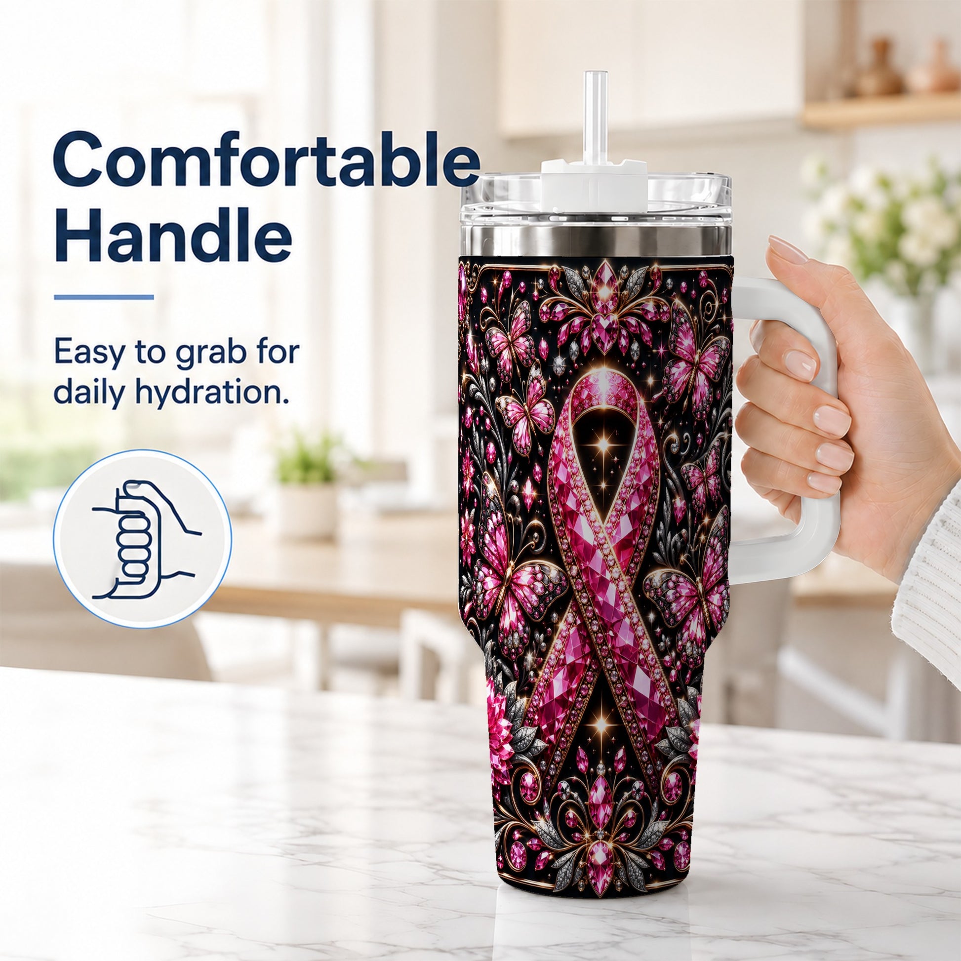 #pl[40oz|White] Pink Ribbon 40oz Tumbler with Handle, Butterfly Stainless Steel Travel Cup