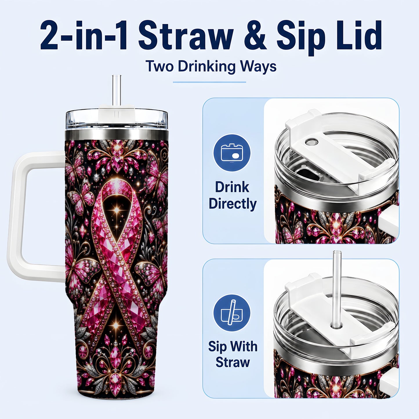 #pl[40oz|White] Pink Ribbon 40oz Tumbler with Handle, Butterfly Stainless Steel Travel Cup