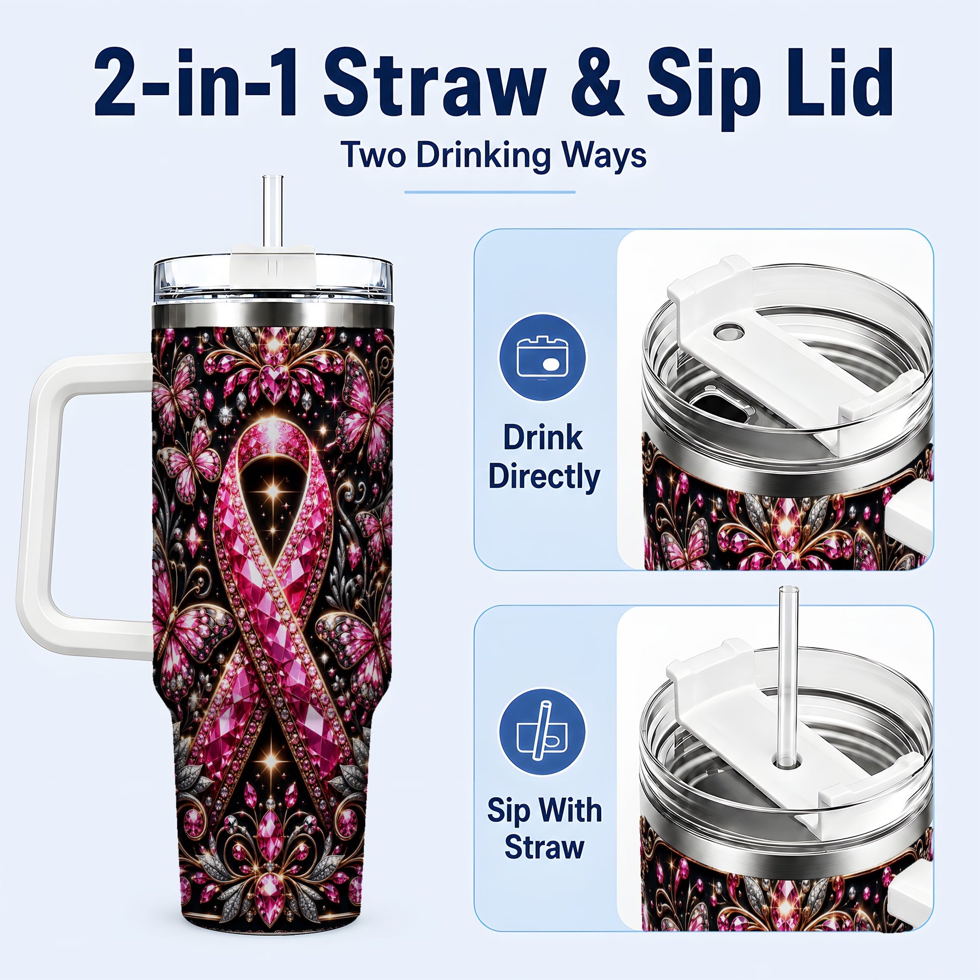 #pl[40oz|White] Pink Ribbon 40oz Tumbler with Handle, Butterfly Stainless Steel Travel Cup