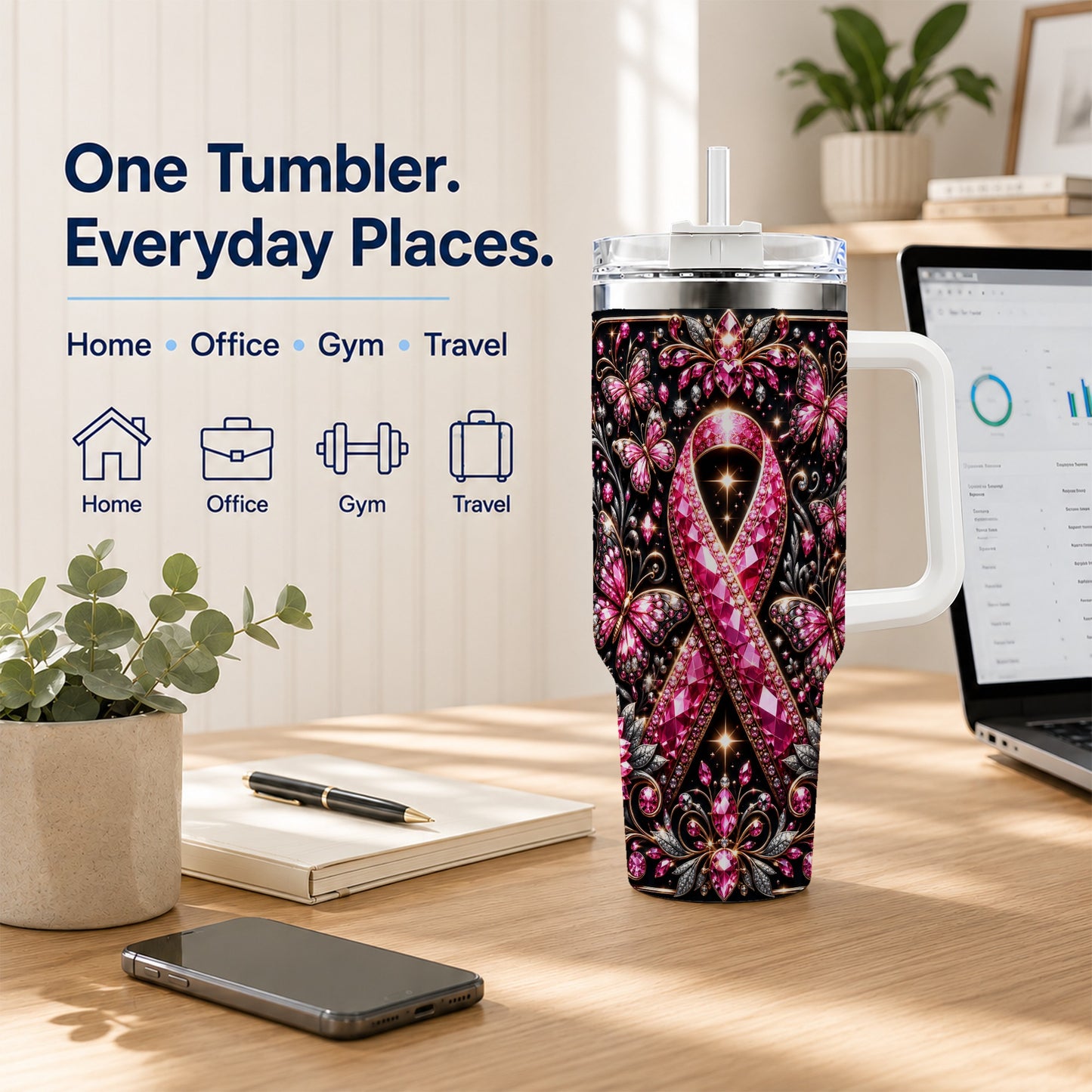 #pl[40oz|White] Pink Ribbon 40oz Tumbler with Handle, Butterfly Stainless Steel Travel Cup