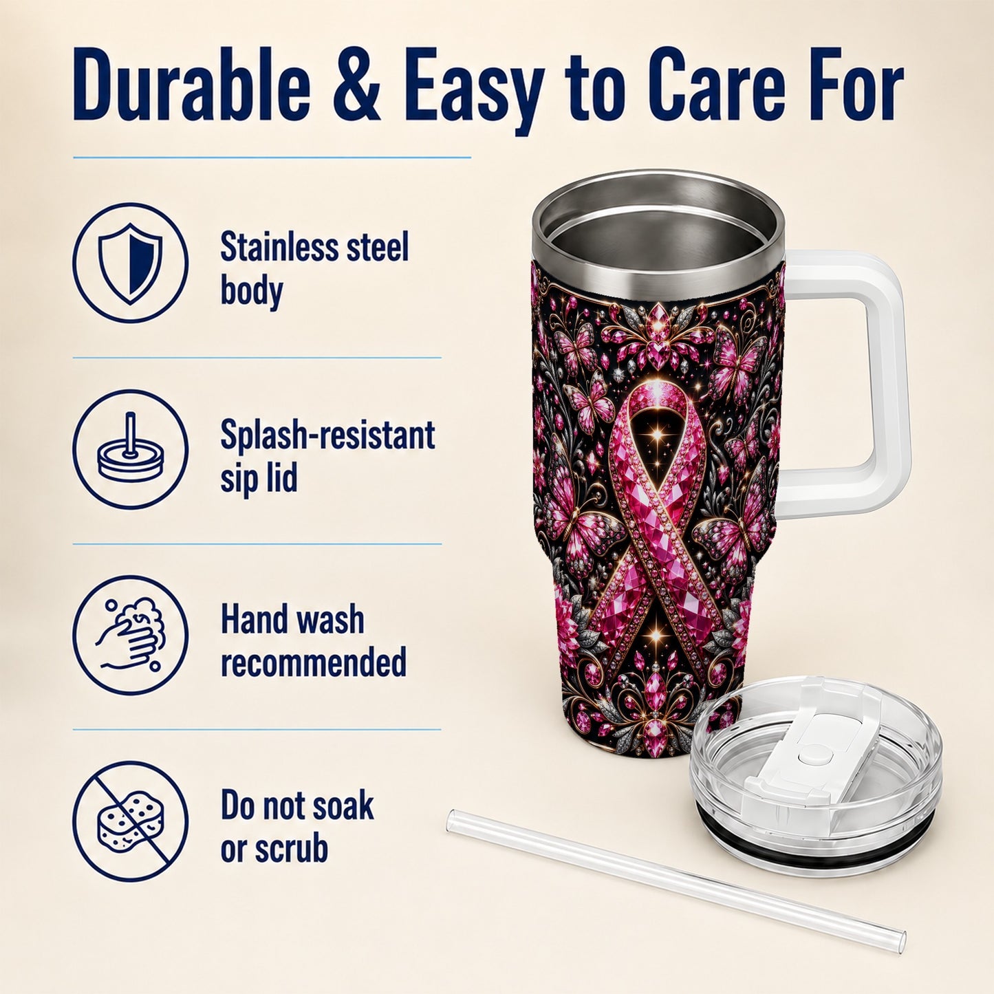 #pl[40oz|White] Pink Ribbon 40oz Tumbler with Handle, Butterfly Stainless Steel Travel Cup
