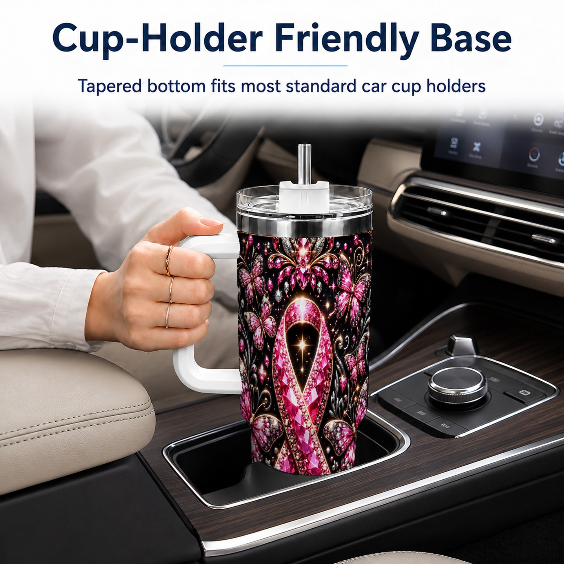#pl[40oz|White] Pink Ribbon 40oz Tumbler with Handle, Butterfly Stainless Steel Travel Cup