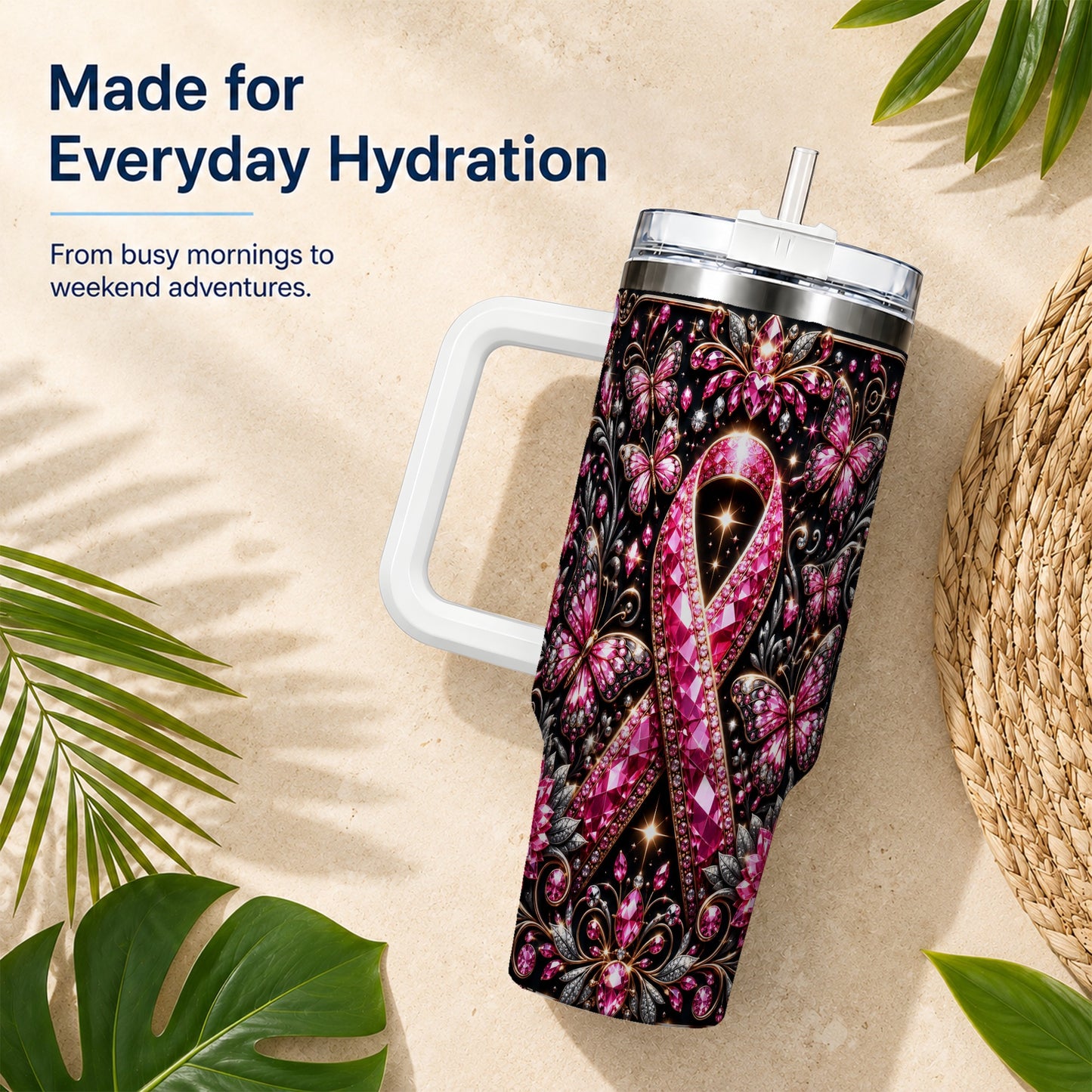 #pl[40oz|White] Pink Ribbon 40oz Tumbler with Handle, Butterfly Stainless Steel Travel Cup