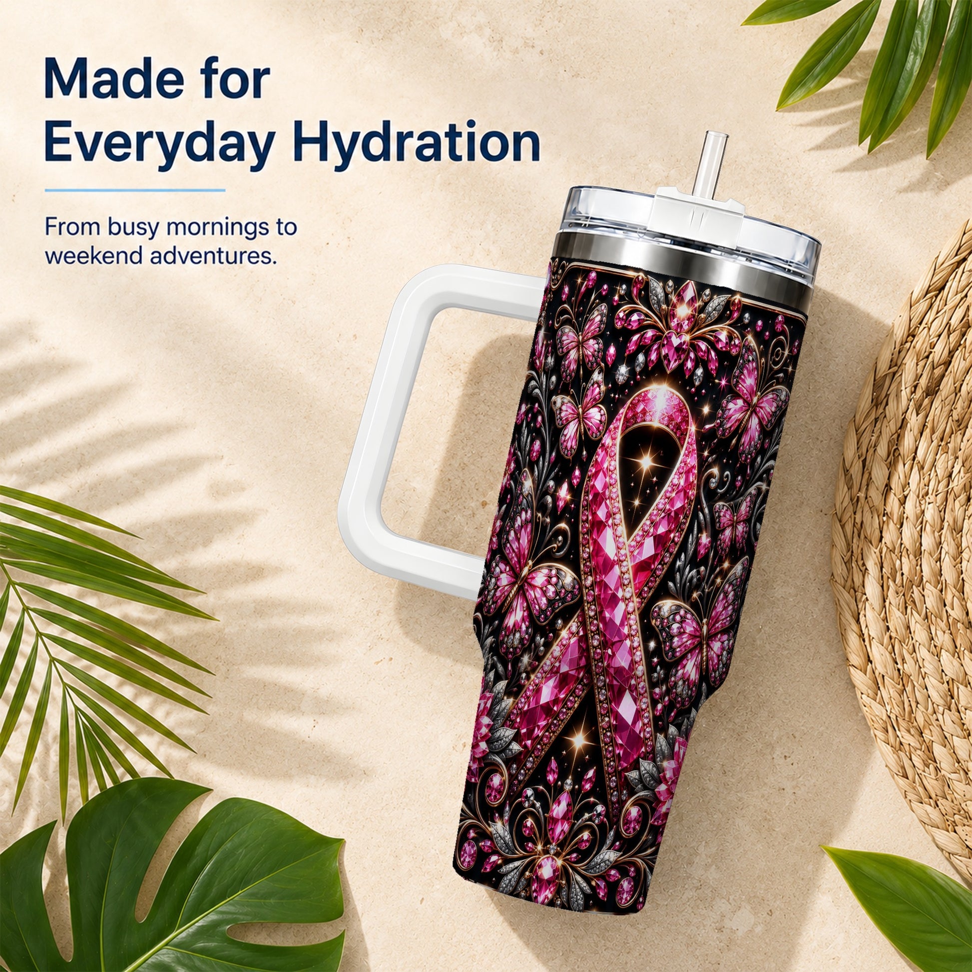 #pl[40oz|White] Pink Ribbon 40oz Tumbler with Handle, Butterfly Stainless Steel Travel Cup