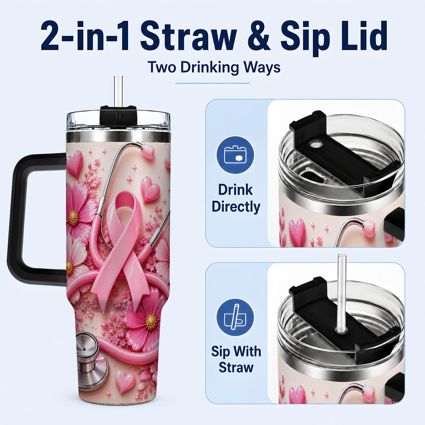 #pl[40oz|Black] Pink Ribbon 40oz Tumbler with Handle, Floral Stainless Steel Travel Cup