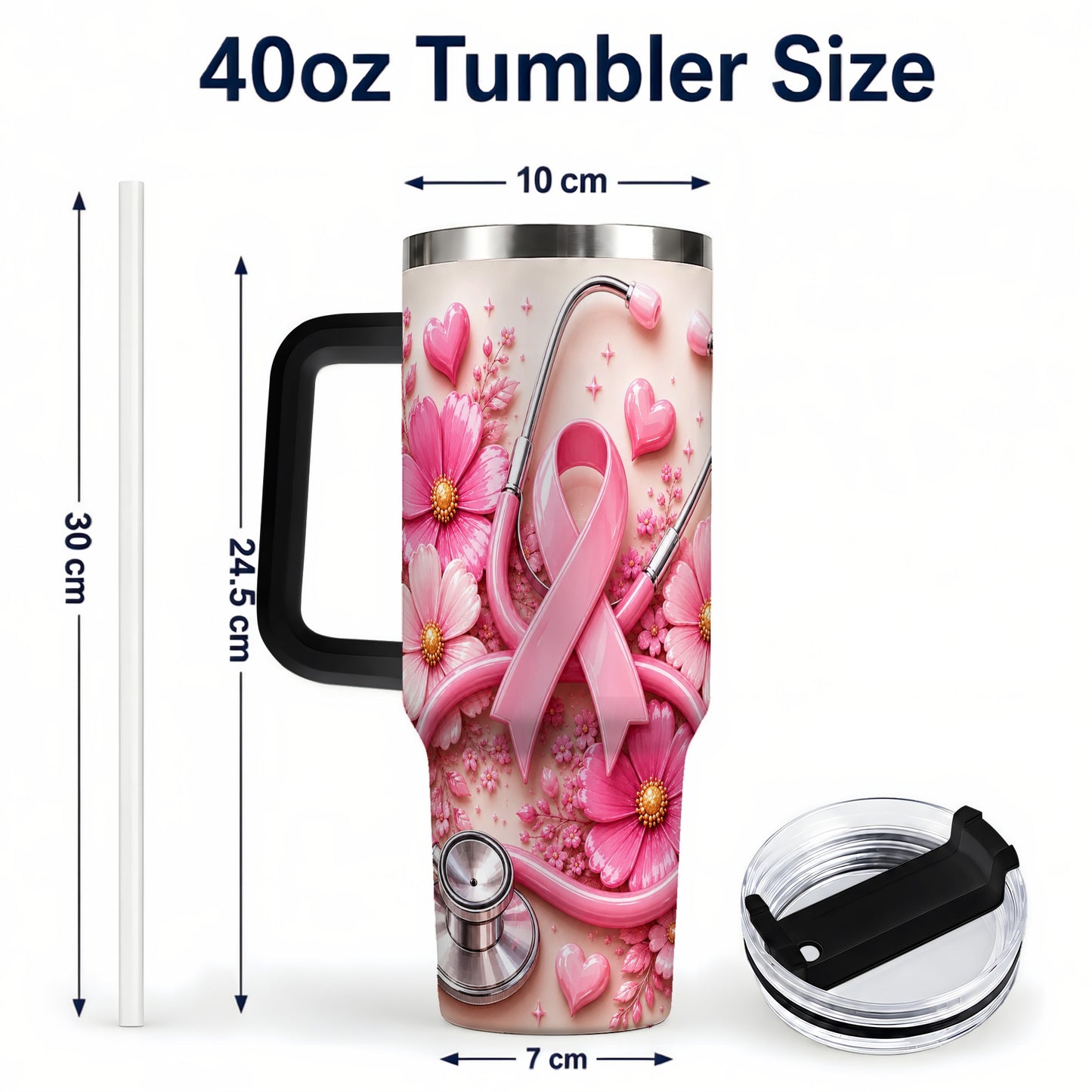 #pl[40oz|Black] Pink Ribbon 40oz Tumbler with Handle, Floral Stainless Steel Travel Cup