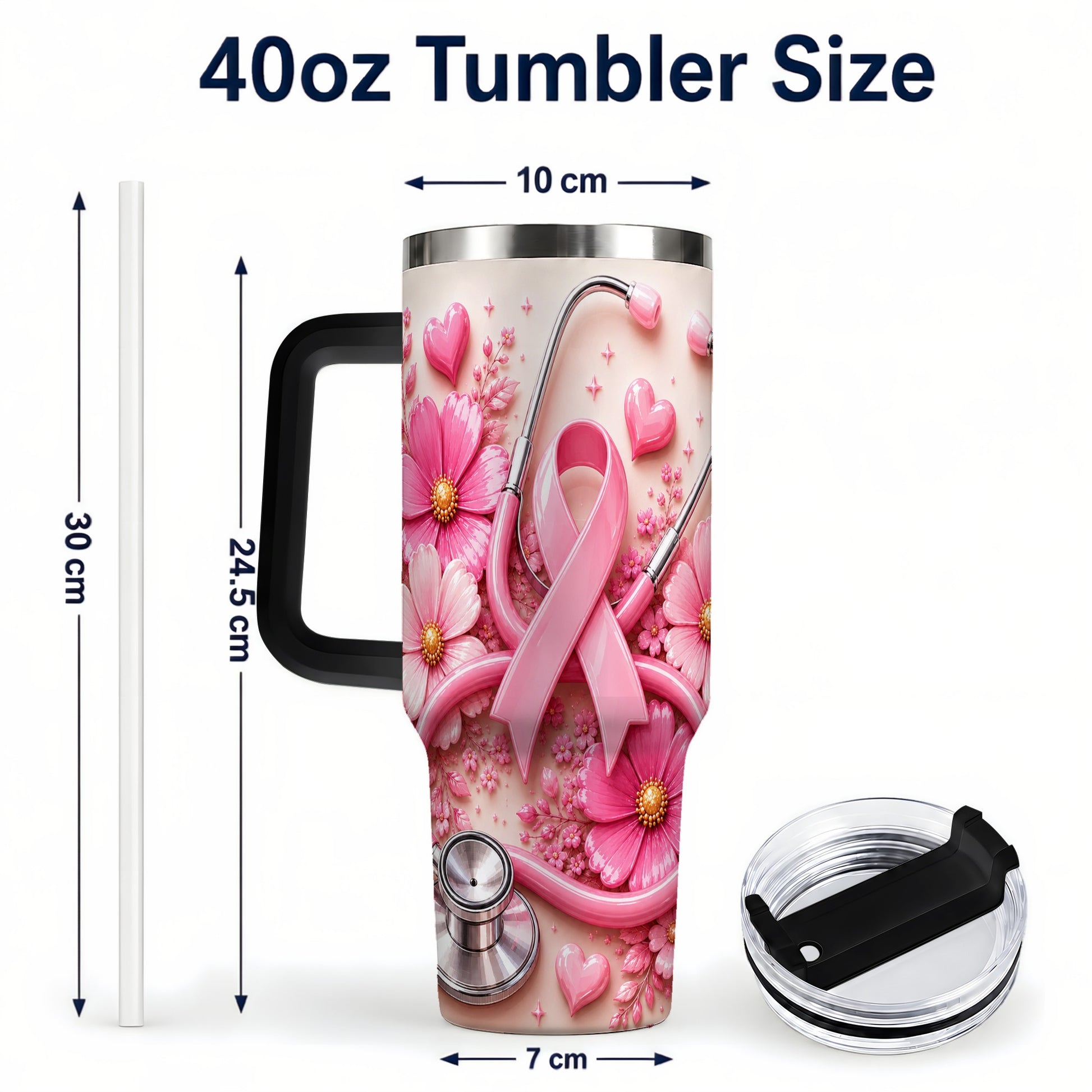 #pl[40oz|Black] Pink Ribbon 40oz Tumbler with Handle, Floral Stainless Steel Travel Cup