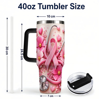 #pl[40oz|Black] Pink Ribbon 40oz Tumbler with Handle, Floral Stainless Steel Travel Cup