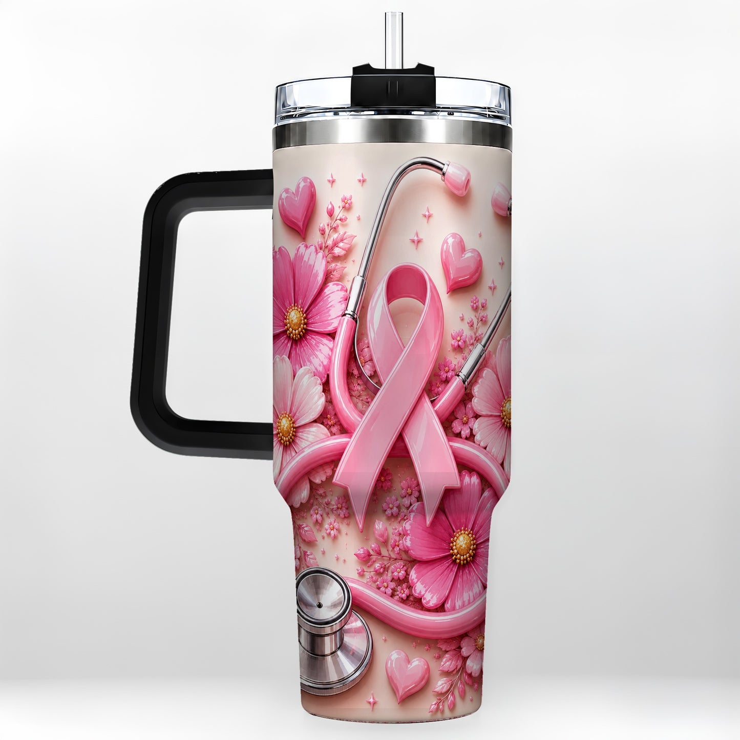 #pl[40oz|Black] Pink Ribbon 40oz Tumbler with Handle, Floral Stainless Steel Travel Cup