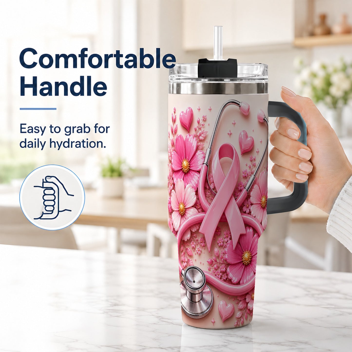 #pl[40oz|Black] Pink Ribbon 40oz Tumbler with Handle, Floral Stainless Steel Travel Cup
