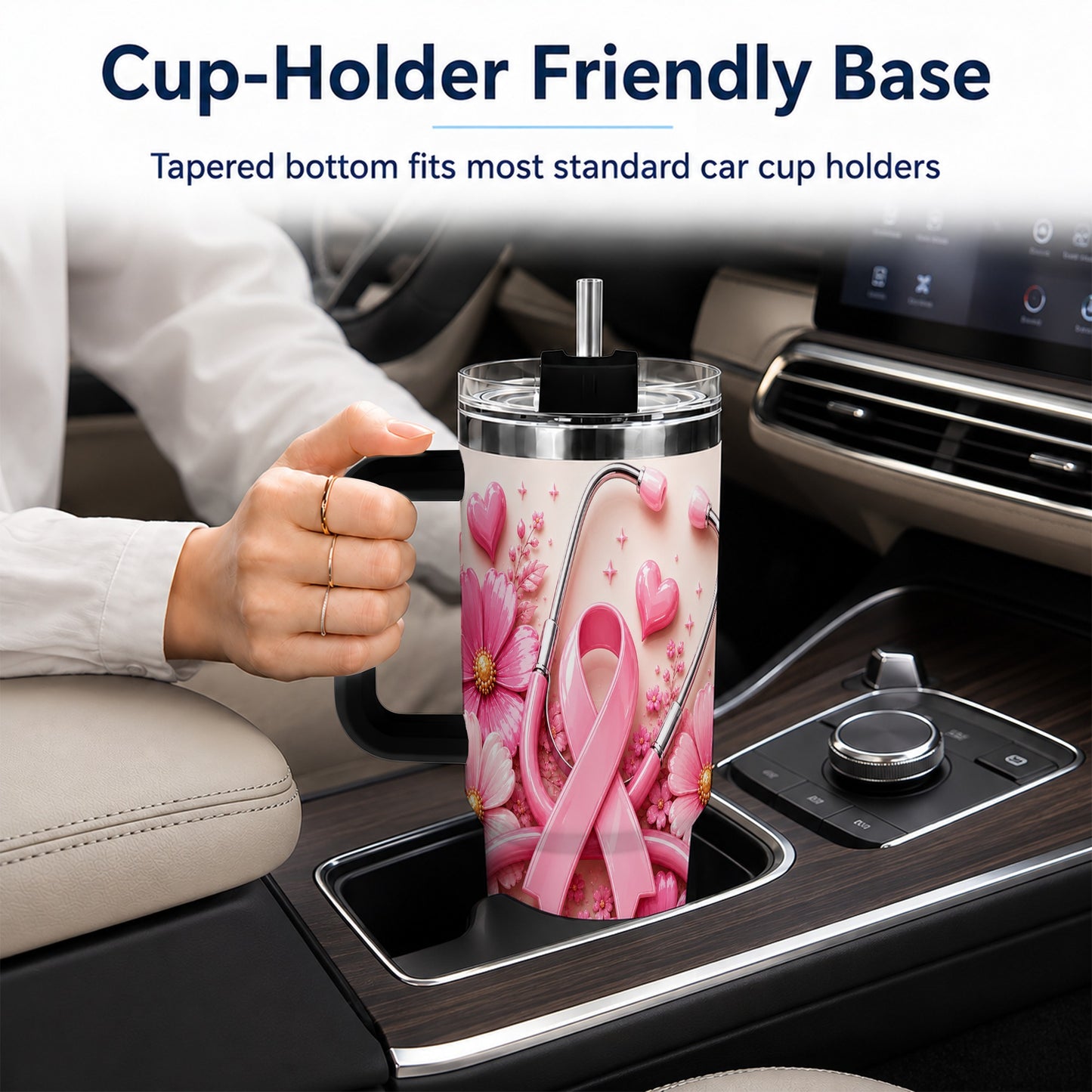 #pl[40oz|Black] Pink Ribbon 40oz Tumbler with Handle, Floral Stainless Steel Travel Cup