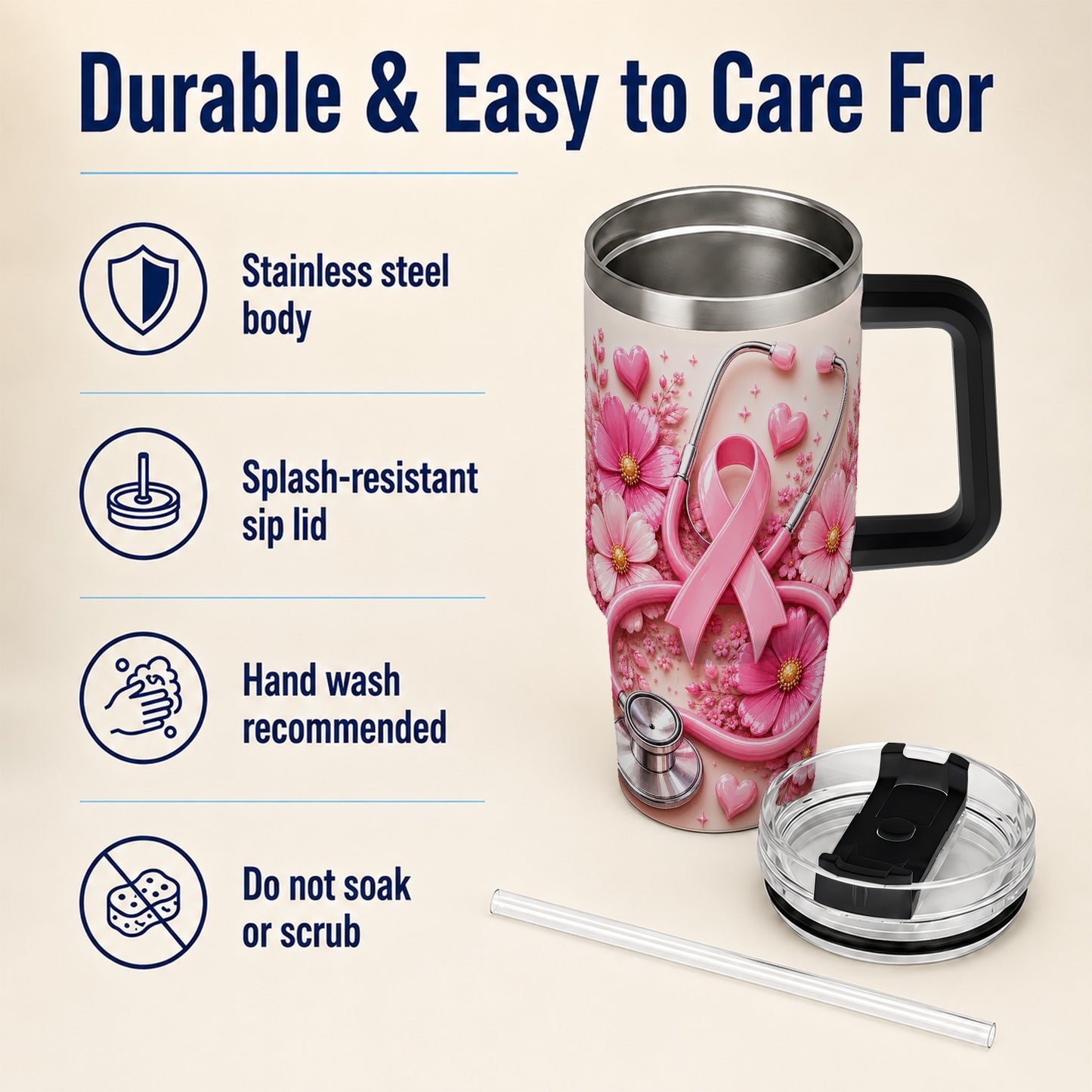 #pl[40oz|Black] Pink Ribbon 40oz Tumbler with Handle, Floral Stainless Steel Travel Cup