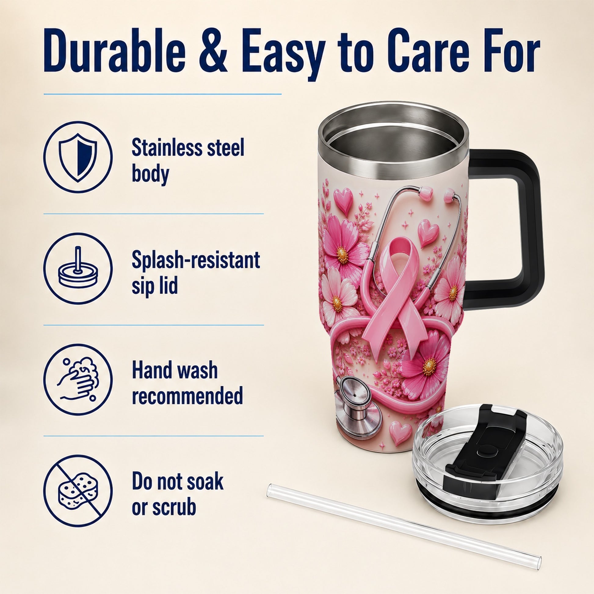 #pl[40oz|Black] Pink Ribbon 40oz Tumbler with Handle, Floral Stainless Steel Travel Cup