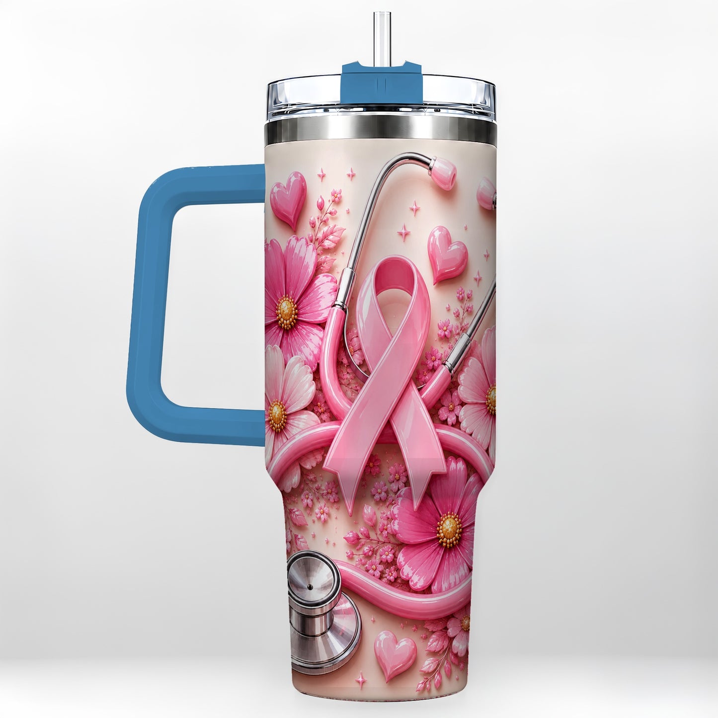 #pl[40oz|Blue] Pink Ribbon 40oz Tumbler with Handle, Floral Stainless Steel Travel Cup