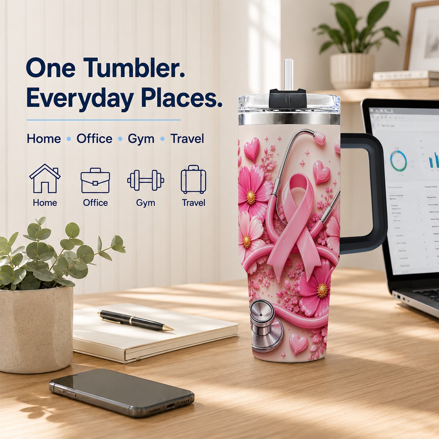 #pl[40oz|Black] Pink Ribbon 40oz Tumbler with Handle, Floral Stainless Steel Travel Cup