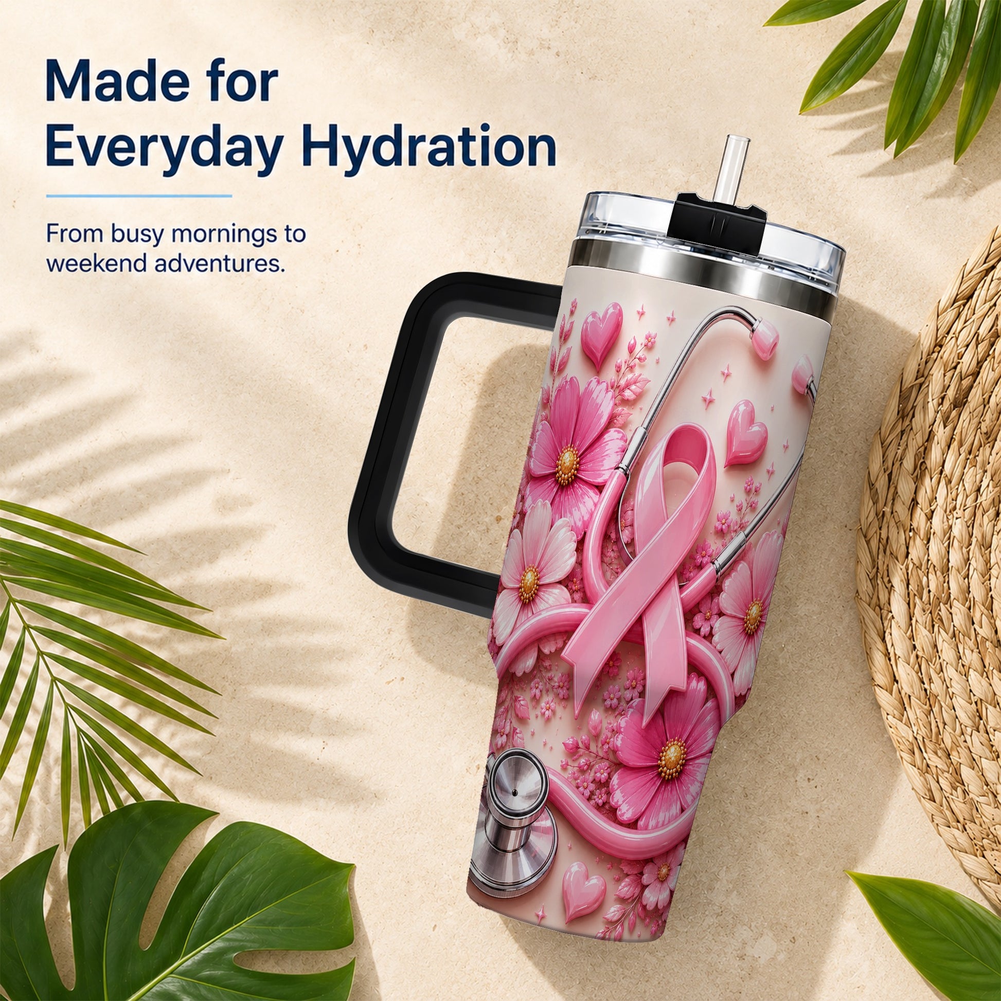 #pl[40oz|Black] Pink Ribbon 40oz Tumbler with Handle, Floral Stainless Steel Travel Cup