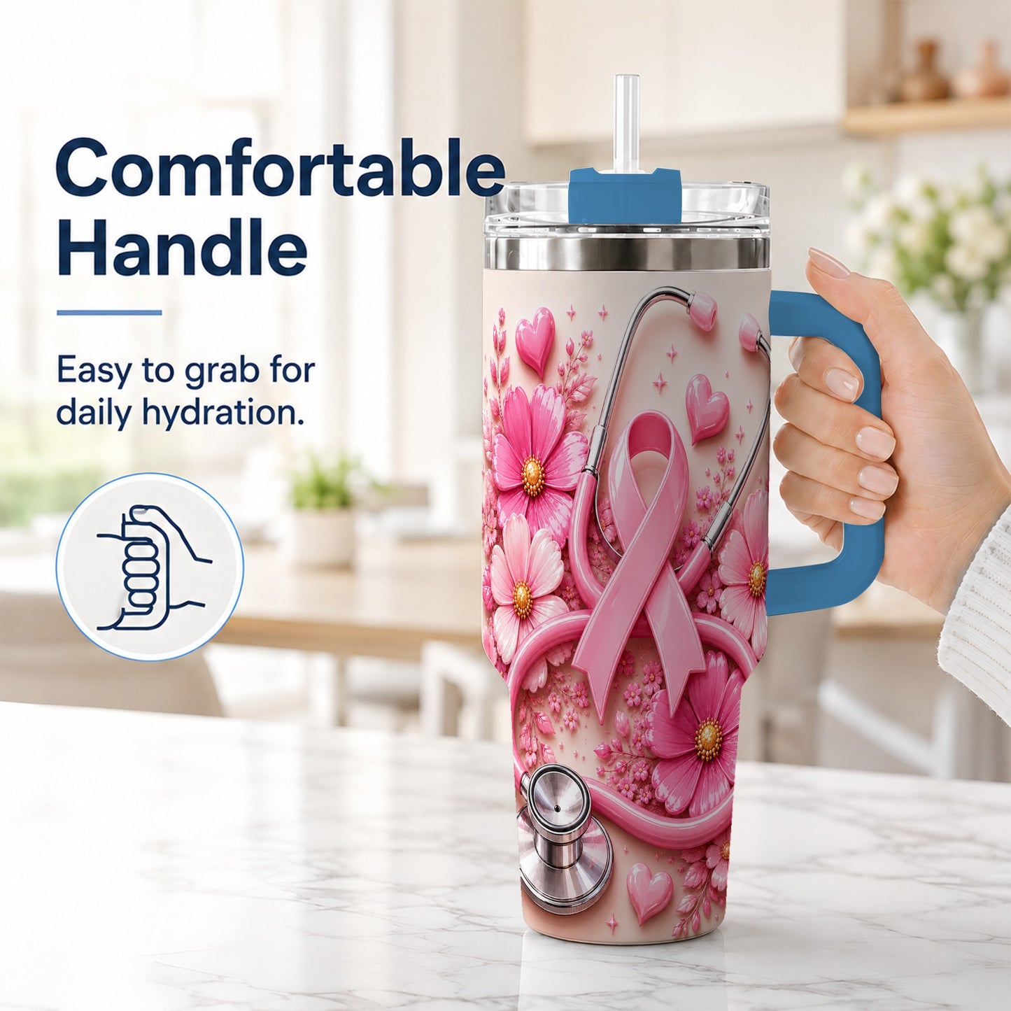 #pl[40oz|Blue] Pink Ribbon 40oz Tumbler with Handle, Floral Stainless Steel Travel Cup