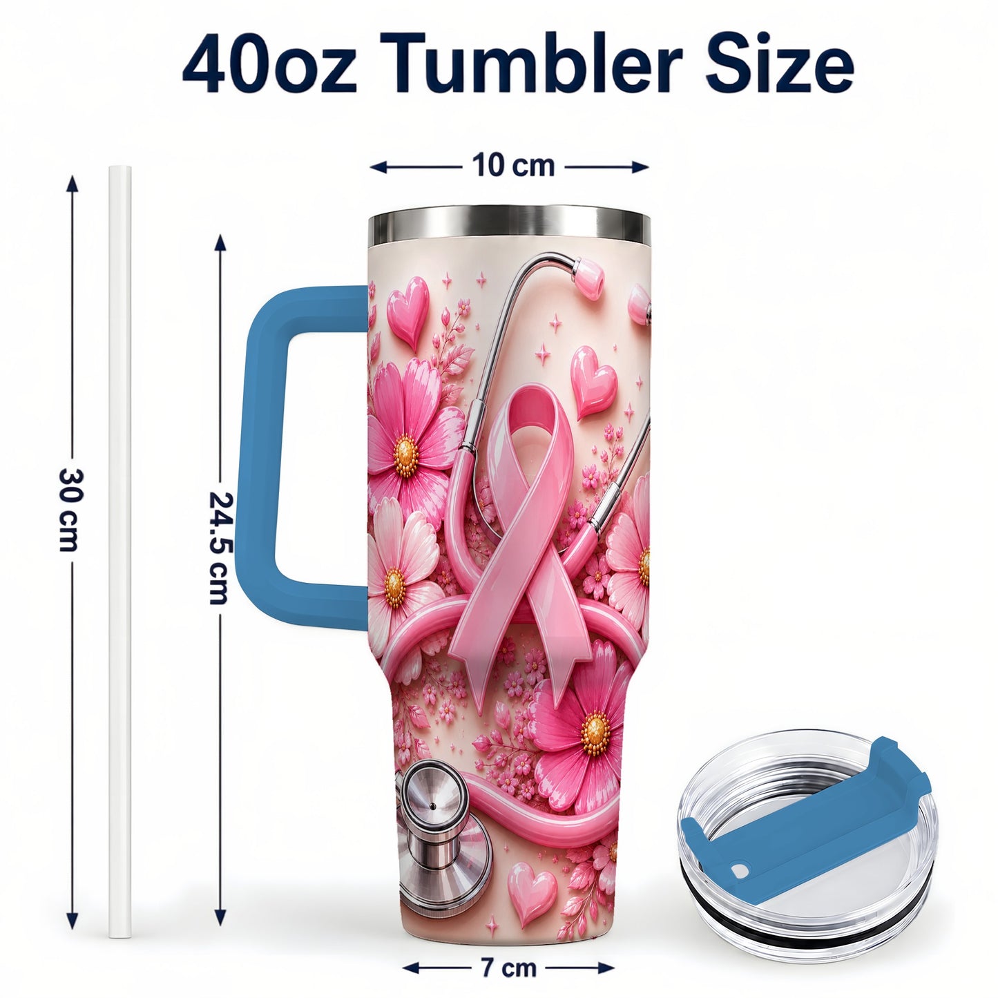 #pl[40oz|Blue] Pink Ribbon 40oz Tumbler with Handle, Floral Stainless Steel Travel Cup