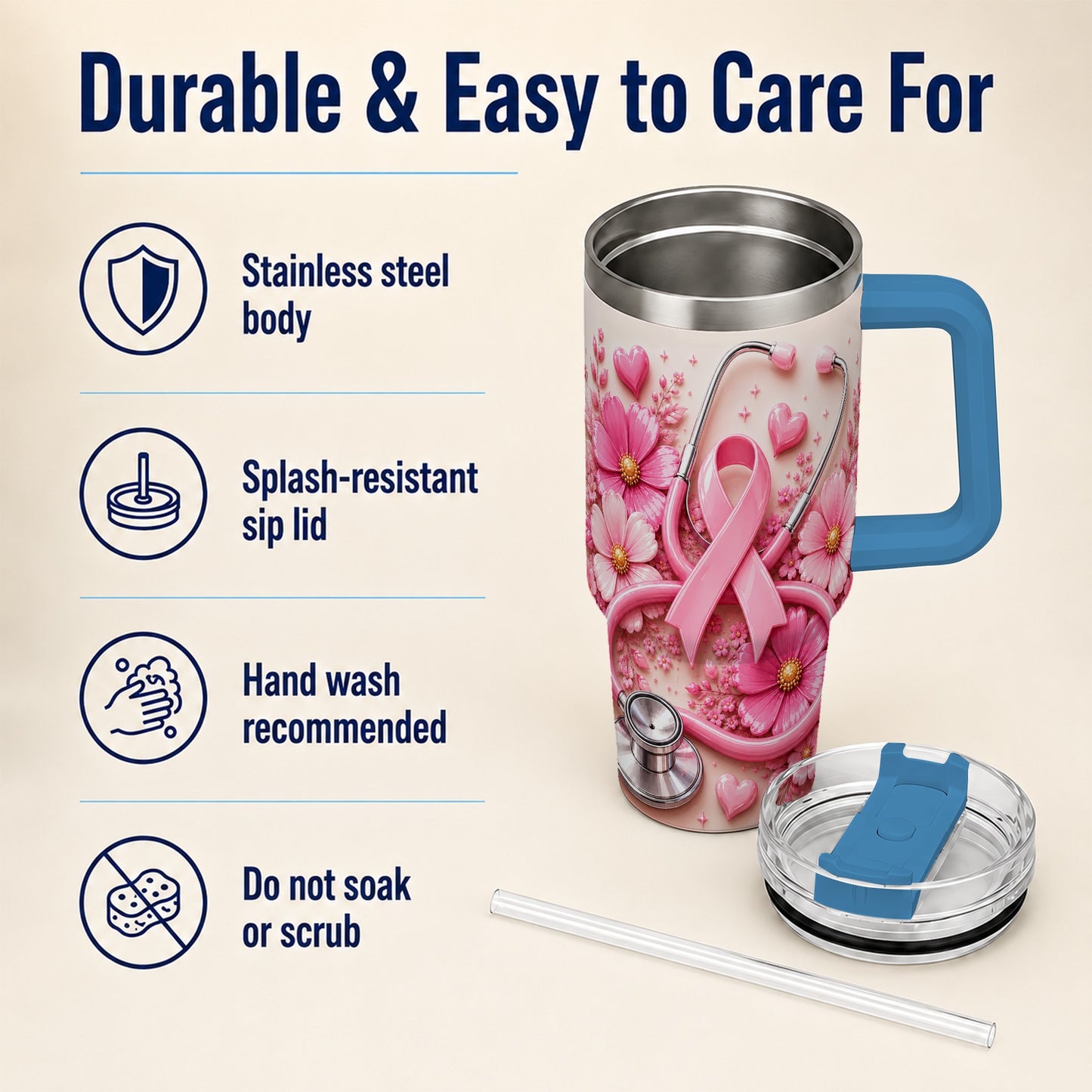 #pl[40oz|Blue] Pink Ribbon 40oz Tumbler with Handle, Floral Stainless Steel Travel Cup