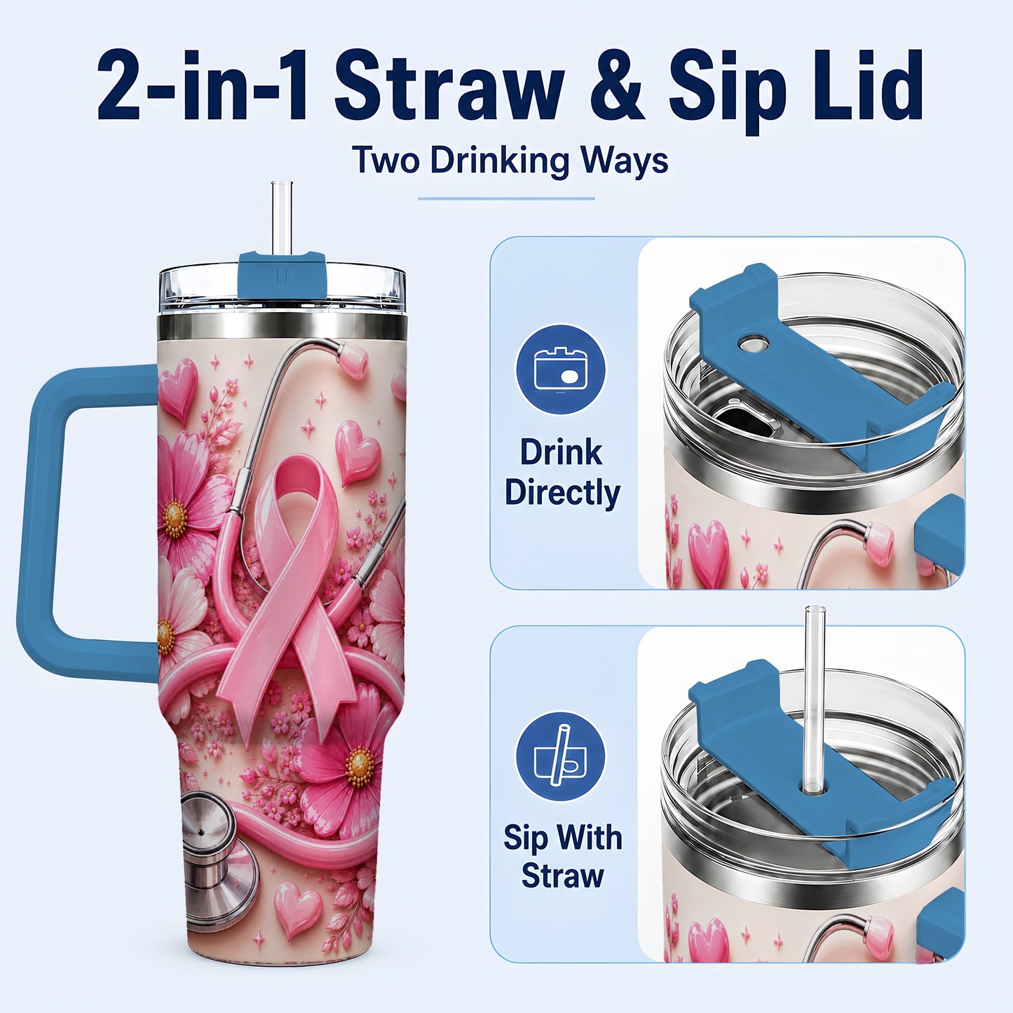 #pl[40oz|Blue] Pink Ribbon 40oz Tumbler with Handle, Floral Stainless Steel Travel Cup