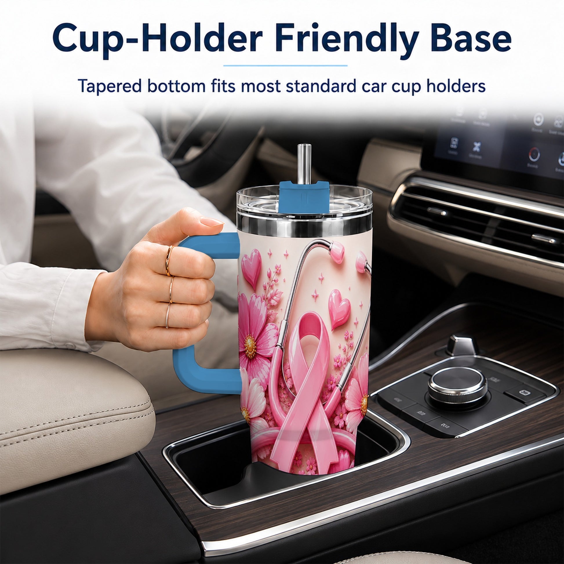 #pl[40oz|Blue] Pink Ribbon 40oz Tumbler with Handle, Floral Stainless Steel Travel Cup