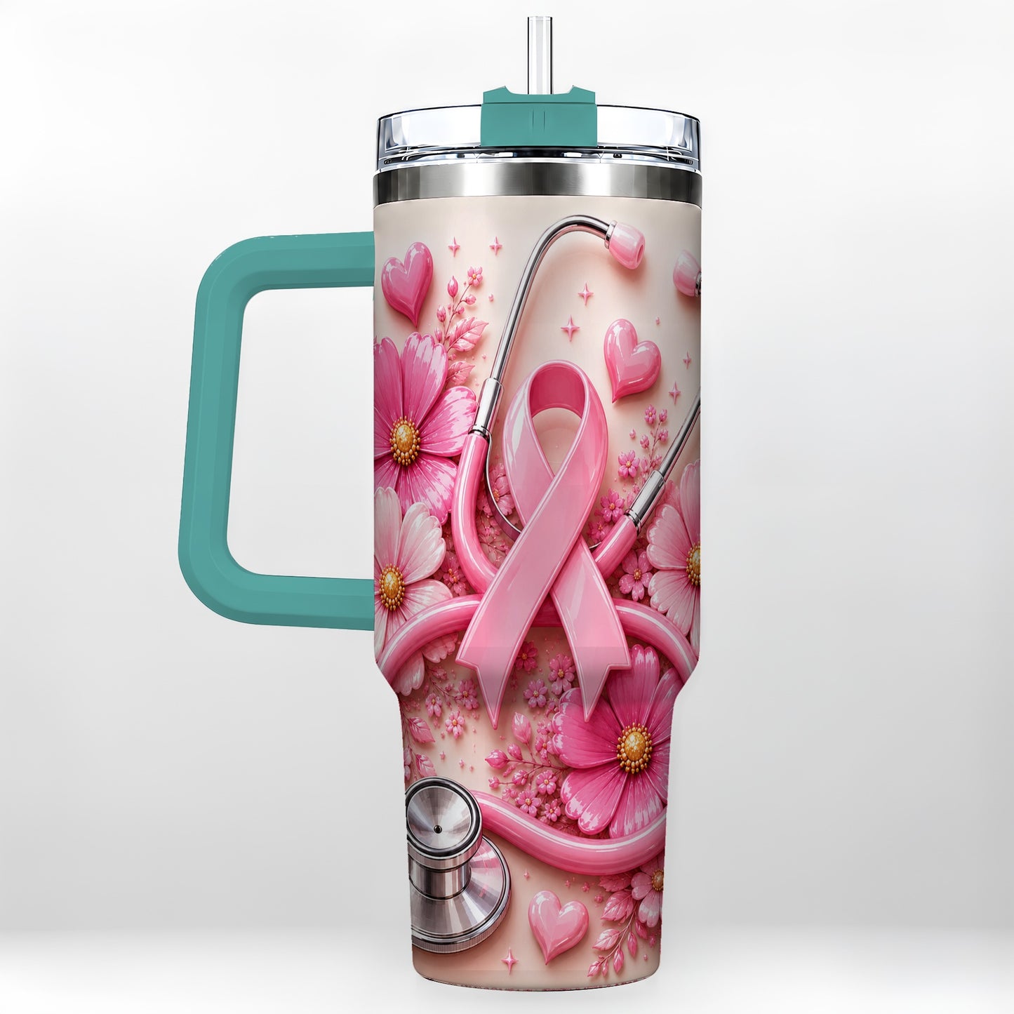 #pl[40oz|Green] Pink Ribbon 40oz Tumbler with Handle, Floral Stainless Steel Travel Cup