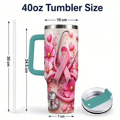 #pl[40oz|Green] Pink Ribbon 40oz Tumbler with Handle, Floral Stainless Steel Travel Cup