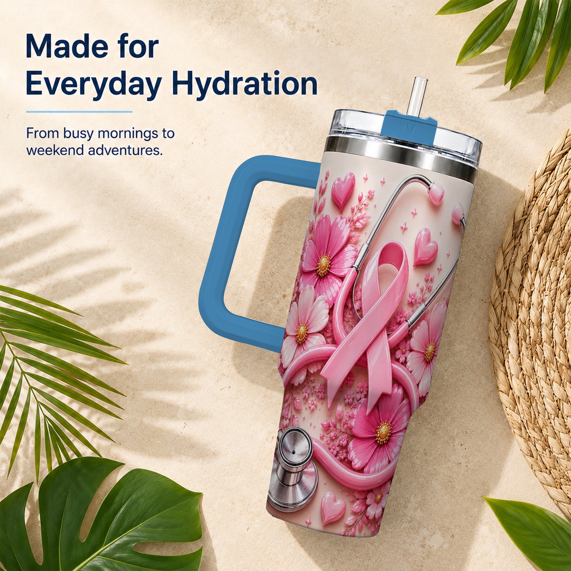 #pl[40oz|Blue] Pink Ribbon 40oz Tumbler with Handle, Floral Stainless Steel Travel Cup