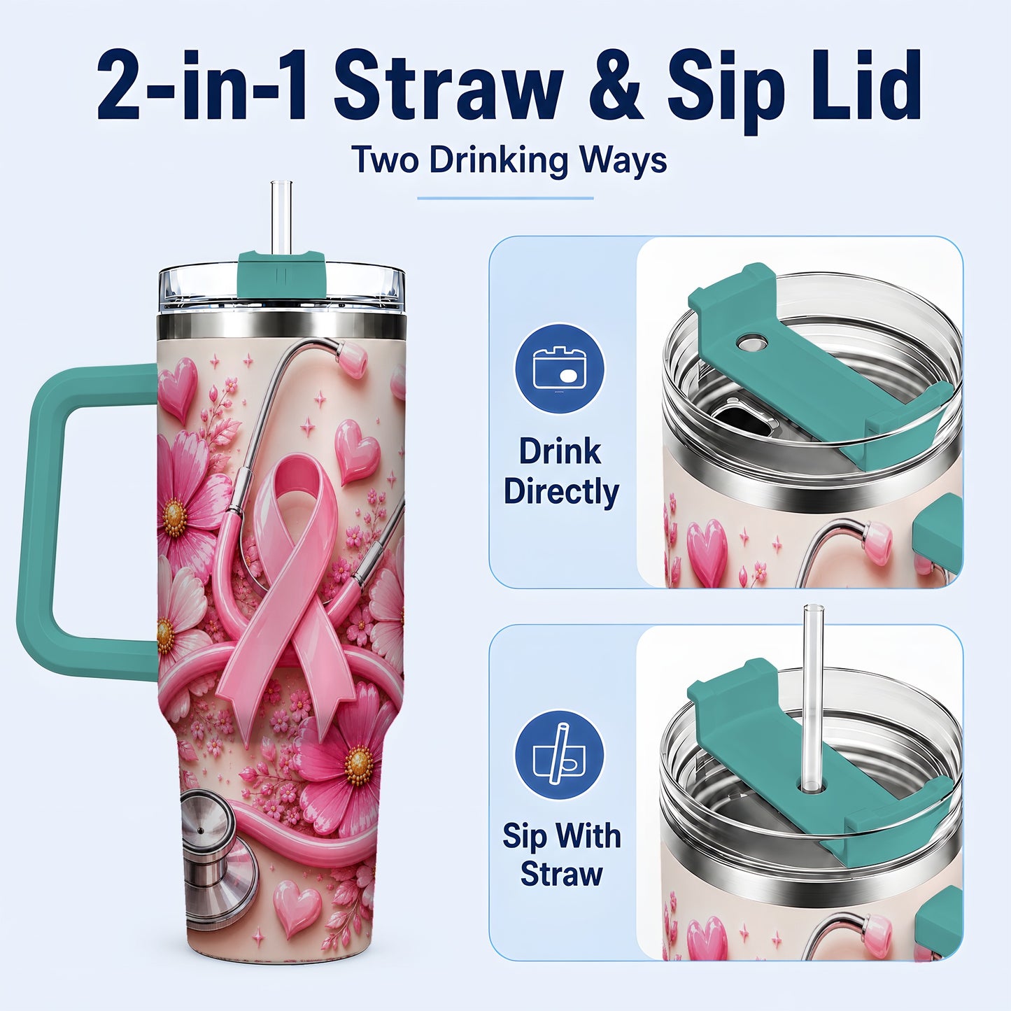 #pl[40oz|Green] Pink Ribbon 40oz Tumbler with Handle, Floral Stainless Steel Travel Cup