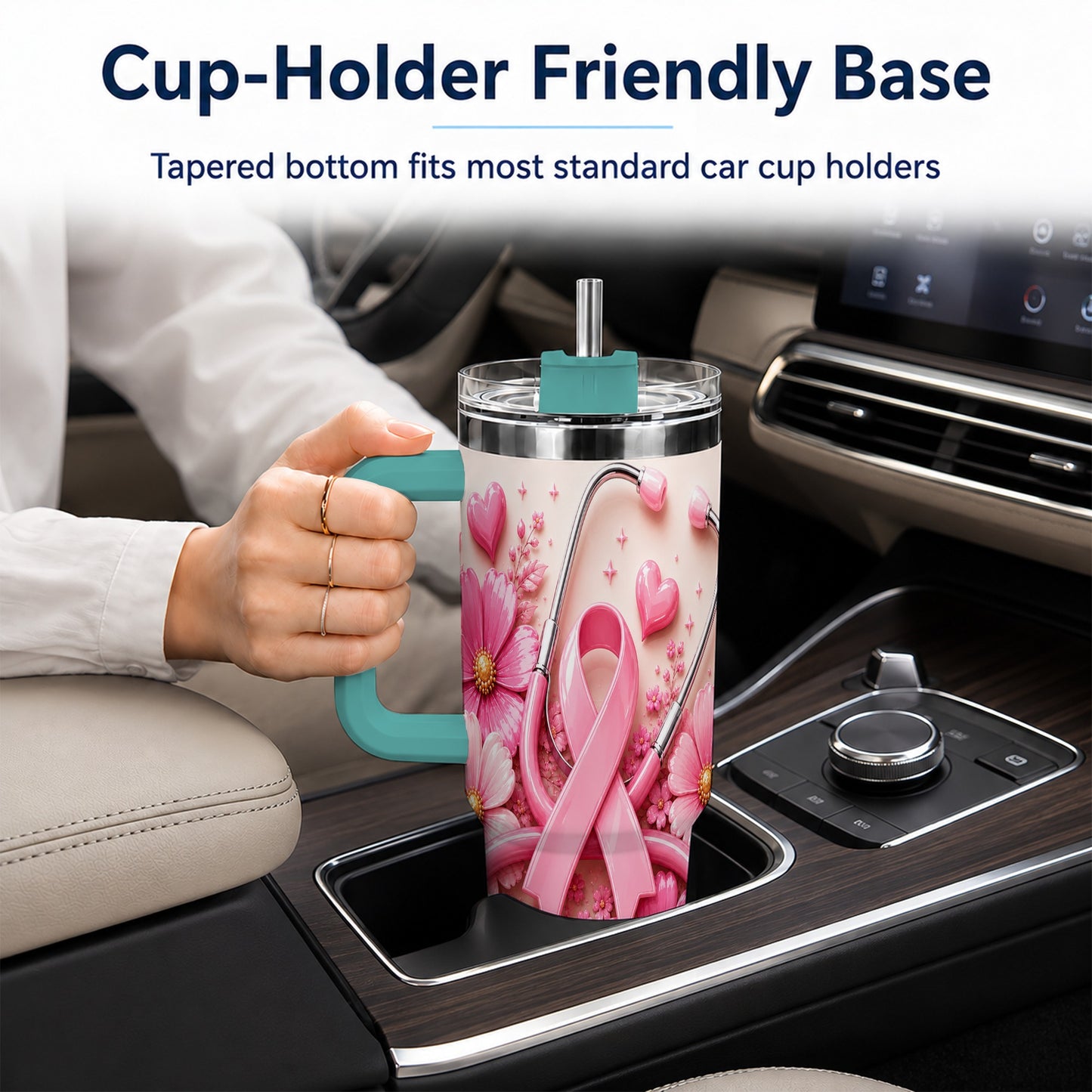 #pl[40oz|Green] Pink Ribbon 40oz Tumbler with Handle, Floral Stainless Steel Travel Cup