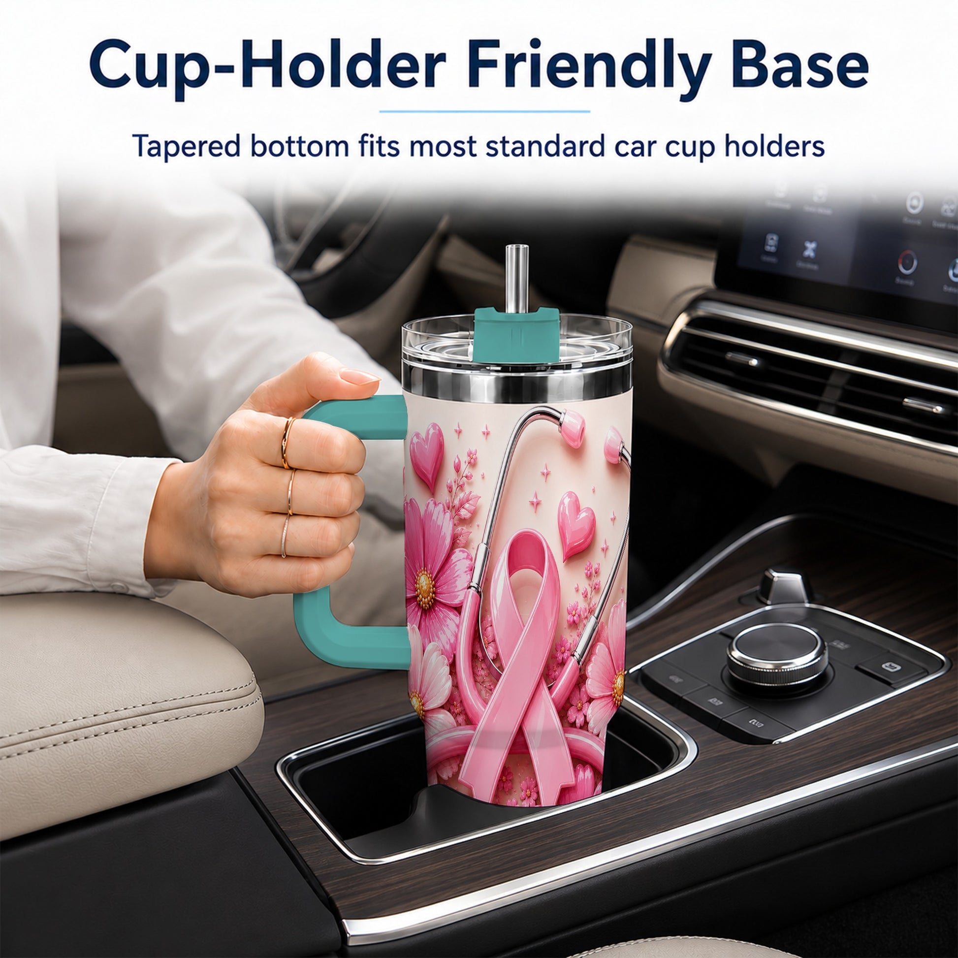 #pl[40oz|Green] Pink Ribbon 40oz Tumbler with Handle, Floral Stainless Steel Travel Cup