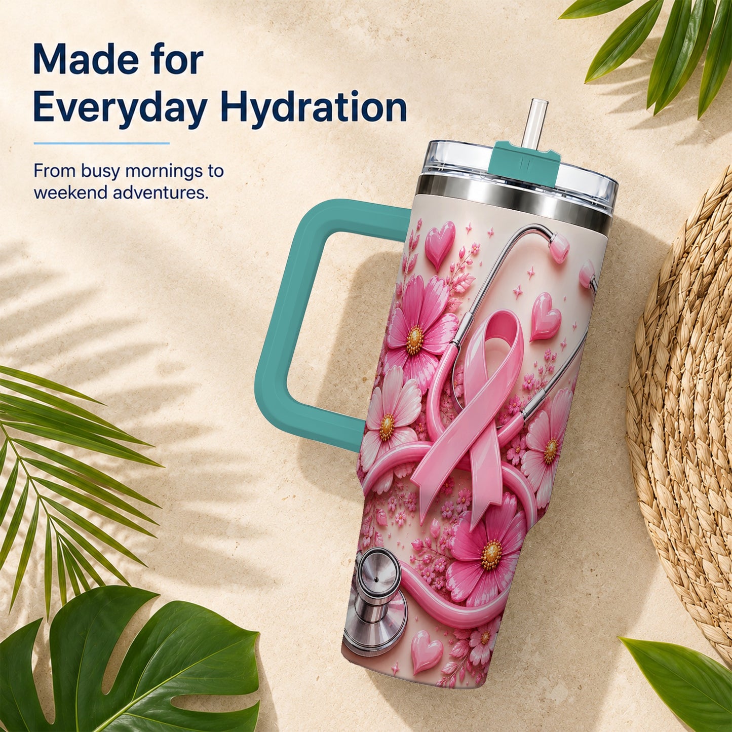 #pl[40oz|Green] Pink Ribbon 40oz Tumbler with Handle, Floral Stainless Steel Travel Cup