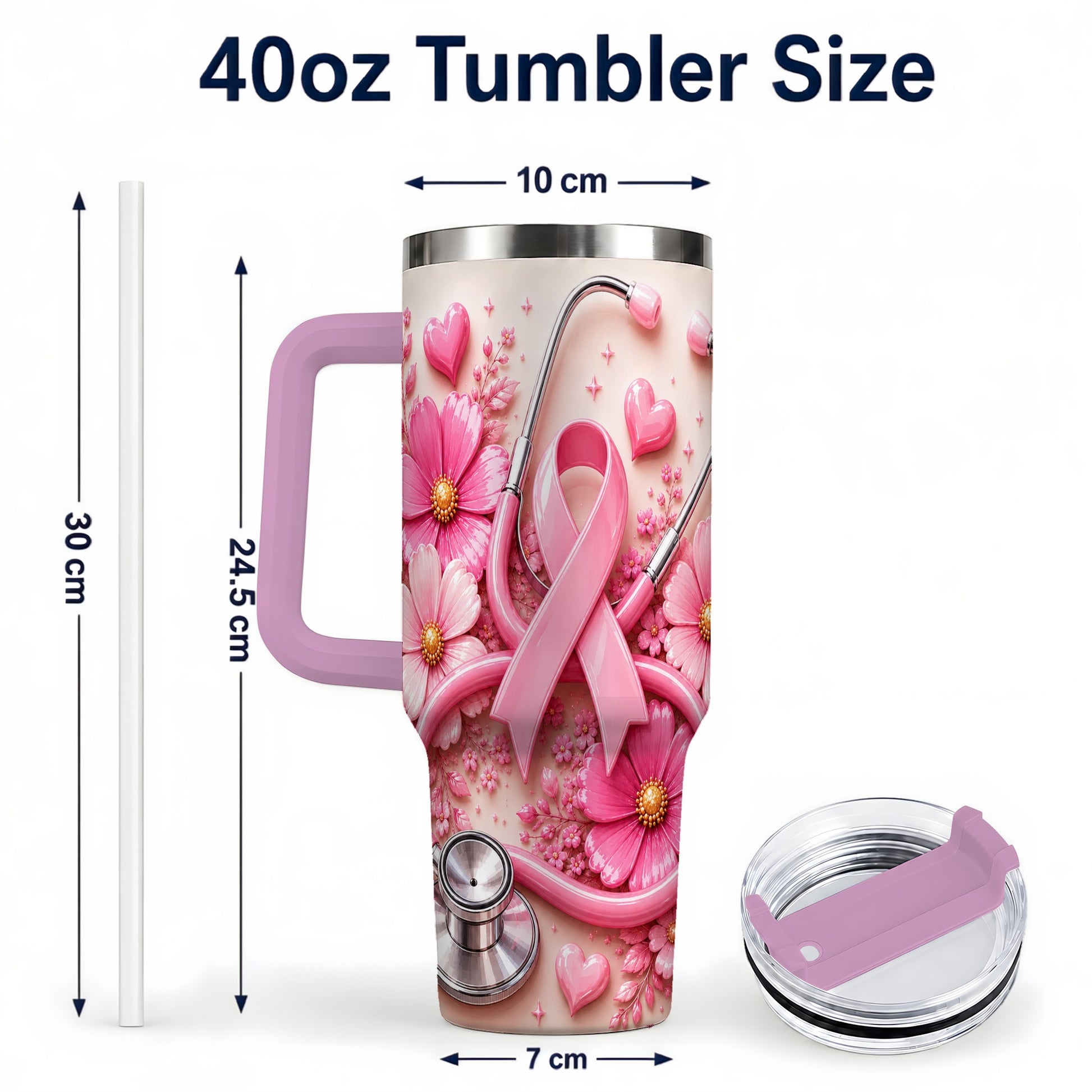 #pl[40oz|Pink] Pink Ribbon 40oz Tumbler with Handle, Floral Stainless Steel Travel Cup