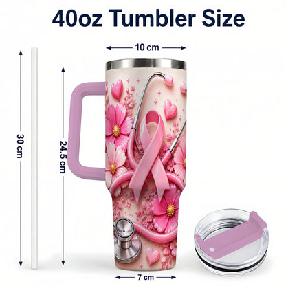 #pl[40oz|Pink] Pink Ribbon 40oz Tumbler with Handle, Floral Stainless Steel Travel Cup