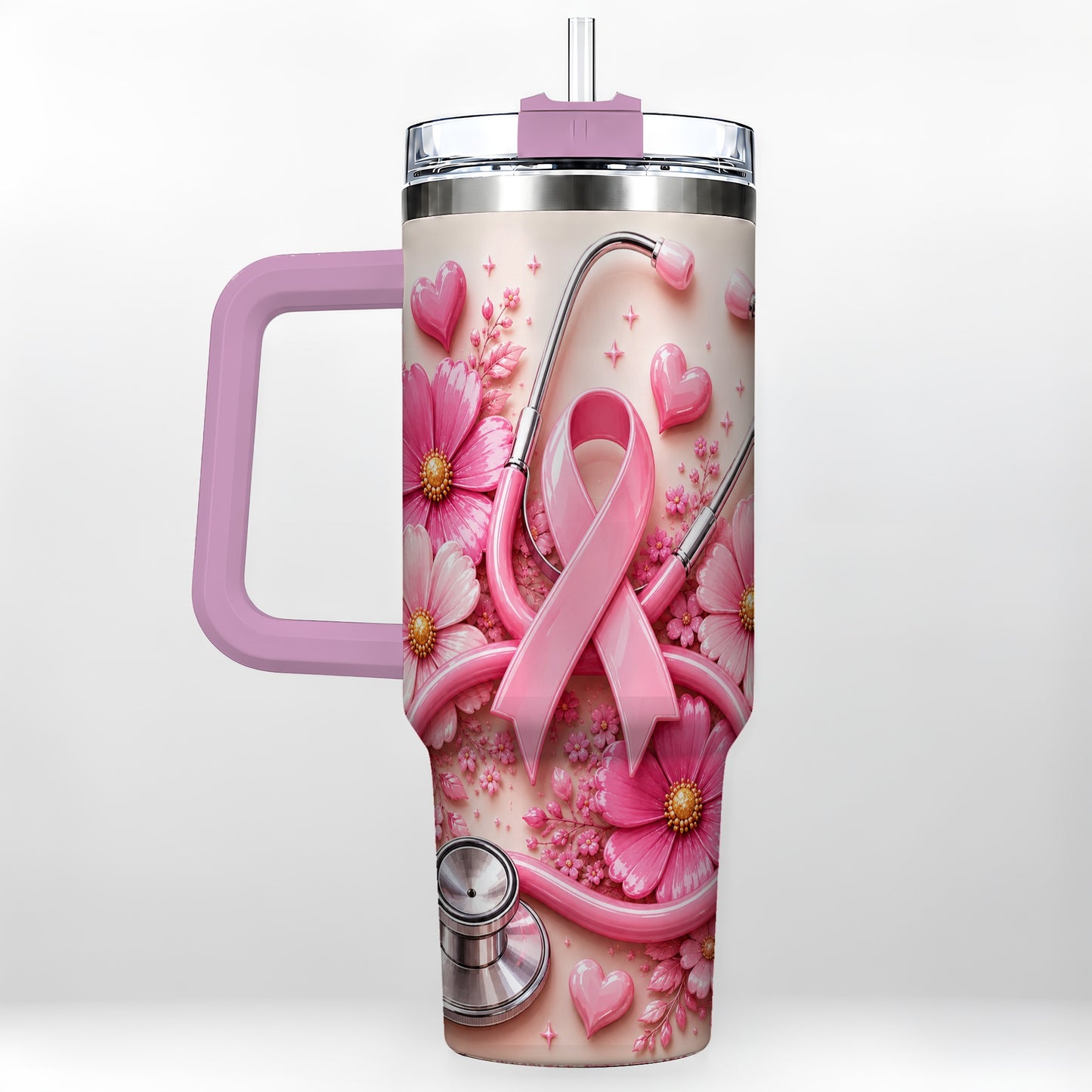 #pl[40oz|Pink] Pink Ribbon 40oz Tumbler with Handle, Floral Stainless Steel Travel Cup