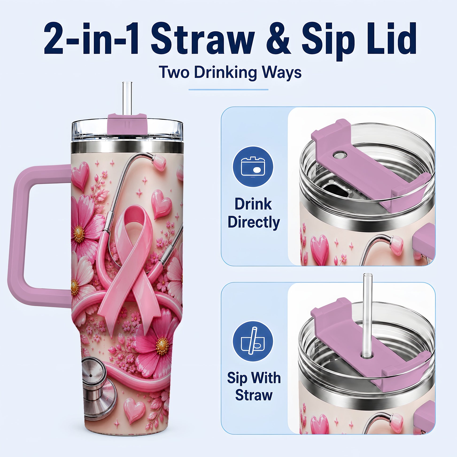 #pl[40oz|Pink] Pink Ribbon 40oz Tumbler with Handle, Floral Stainless Steel Travel Cup