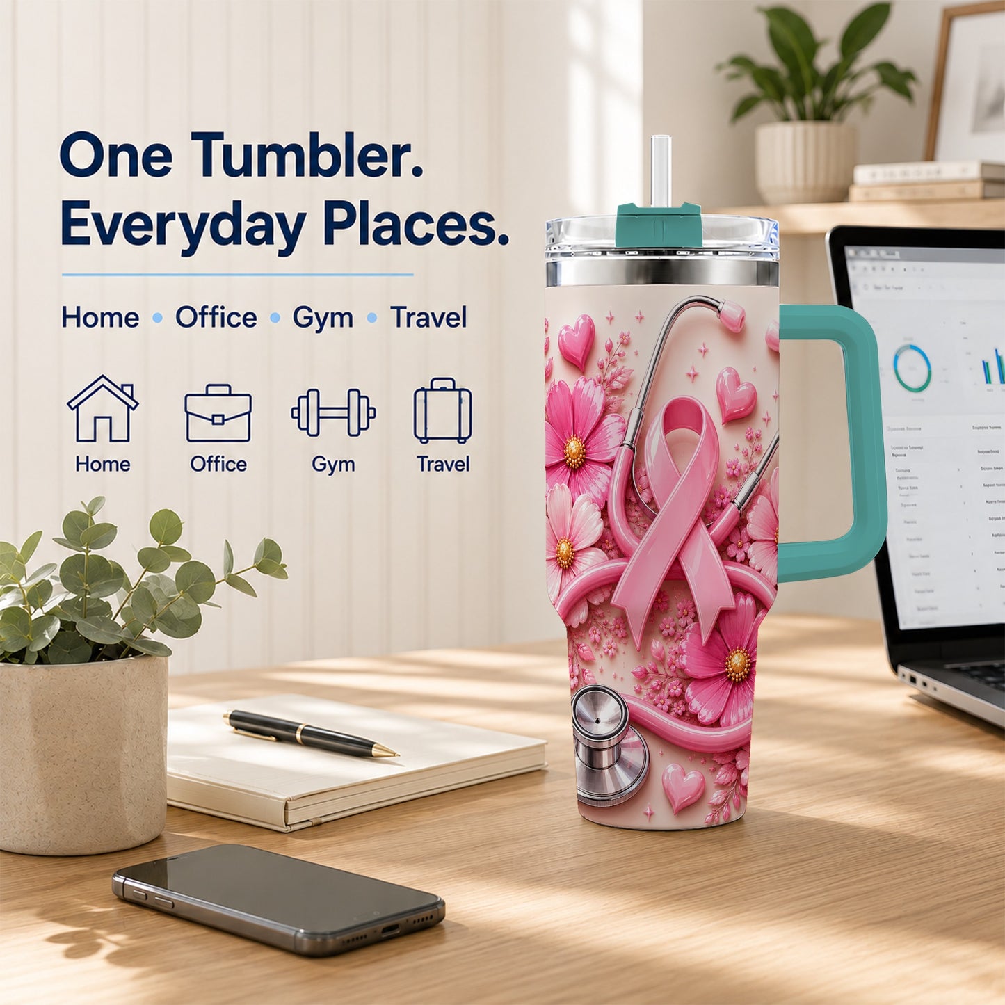#pl[40oz|Green] Pink Ribbon 40oz Tumbler with Handle, Floral Stainless Steel Travel Cup