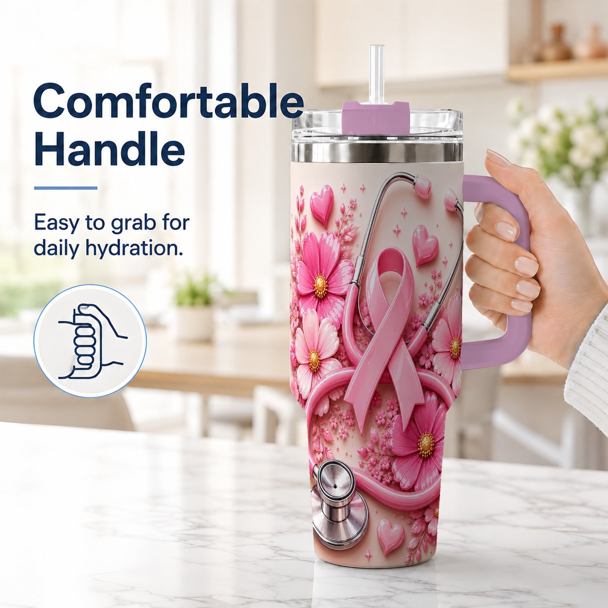 #pl[40oz|Pink] Pink Ribbon 40oz Tumbler with Handle, Floral Stainless Steel Travel Cup