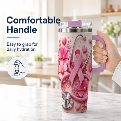 #pl[40oz|Pink] Pink Ribbon 40oz Tumbler with Handle, Floral Stainless Steel Travel Cup
