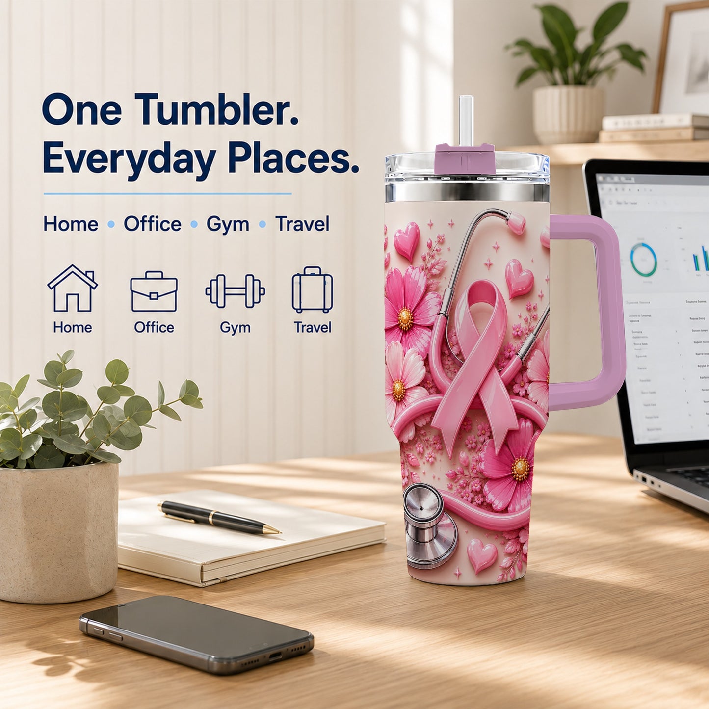 #pl[40oz|Pink] Pink Ribbon 40oz Tumbler with Handle, Floral Stainless Steel Travel Cup