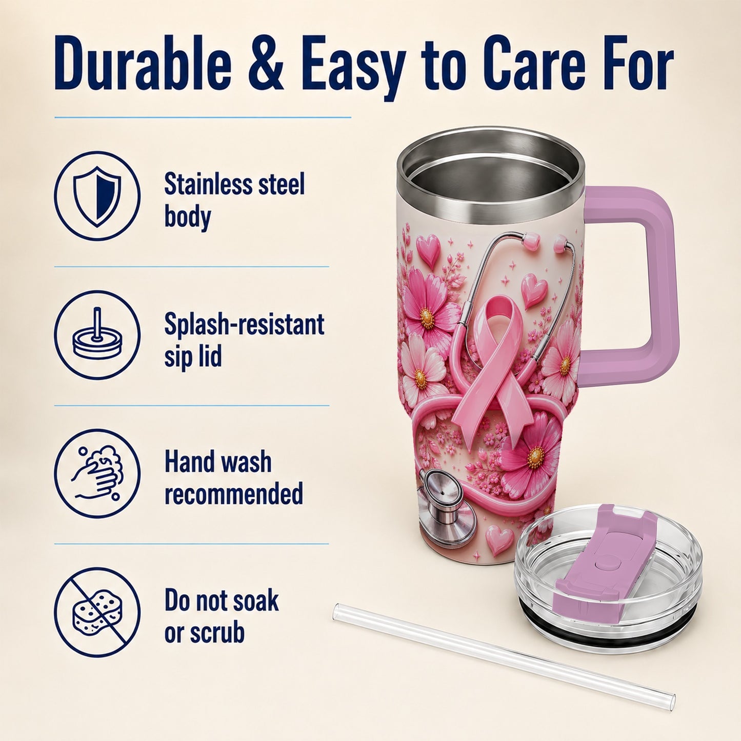 #pl[40oz|Pink] Pink Ribbon 40oz Tumbler with Handle, Floral Stainless Steel Travel Cup
