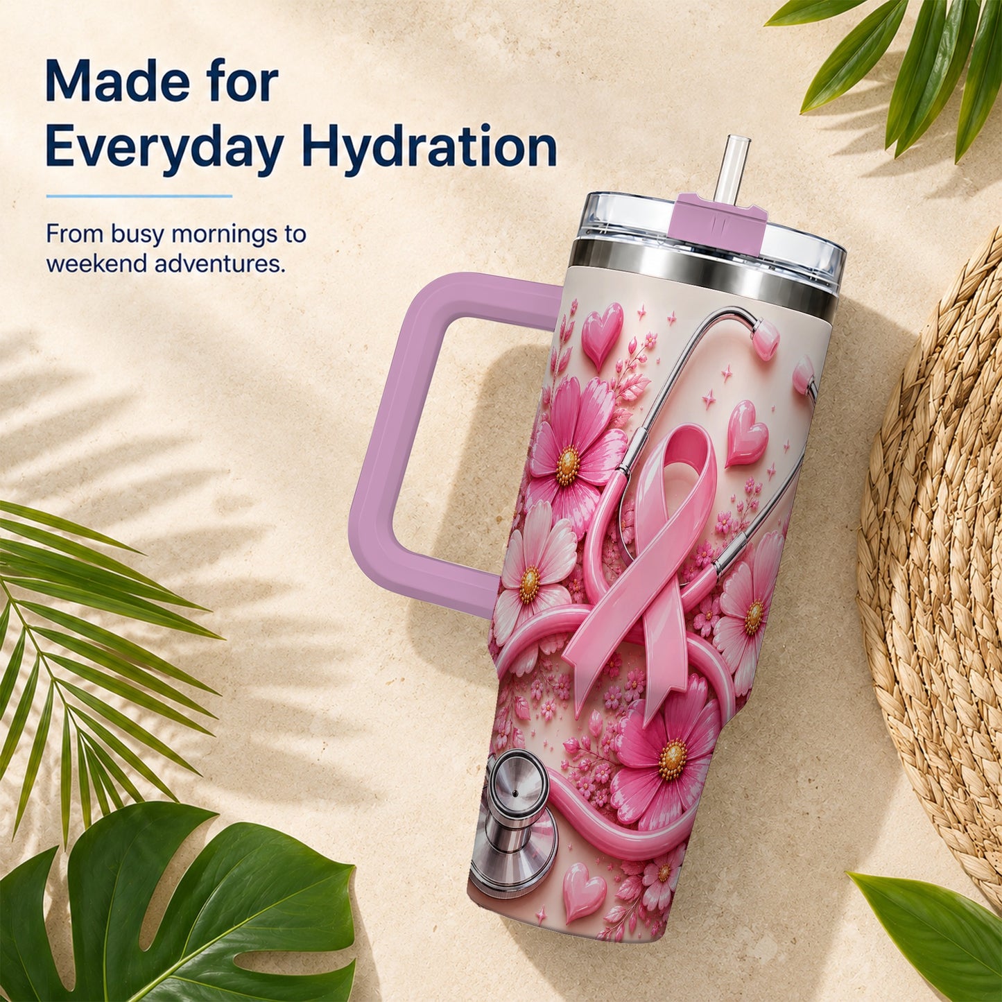 #pl[40oz|Pink] Pink Ribbon 40oz Tumbler with Handle, Floral Stainless Steel Travel Cup