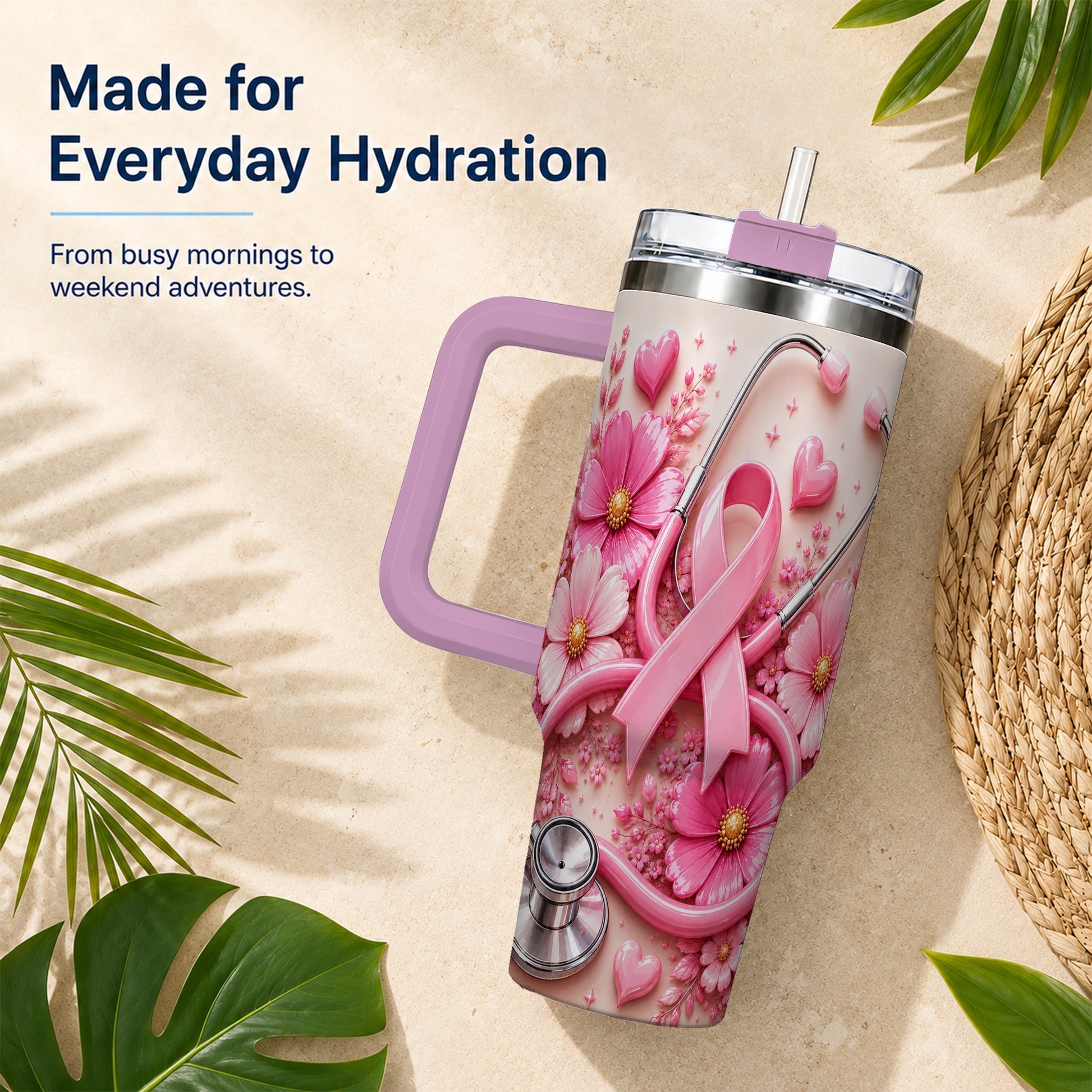 #pl[40oz|Pink] Pink Ribbon 40oz Tumbler with Handle, Floral Stainless Steel Travel Cup
